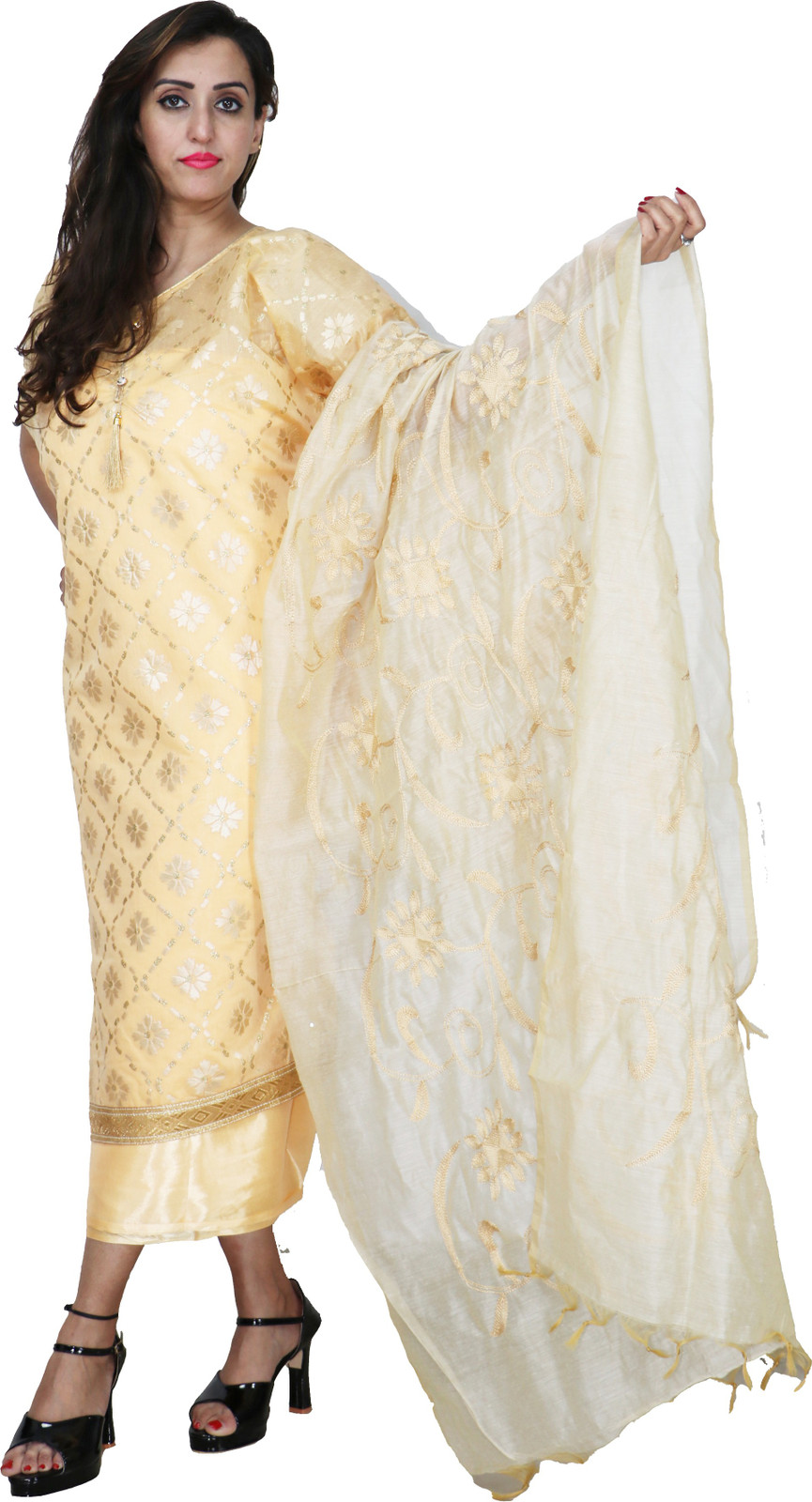 Shimti Chanderi Floral Print Suit Fabric () – Light Yellow – view 3