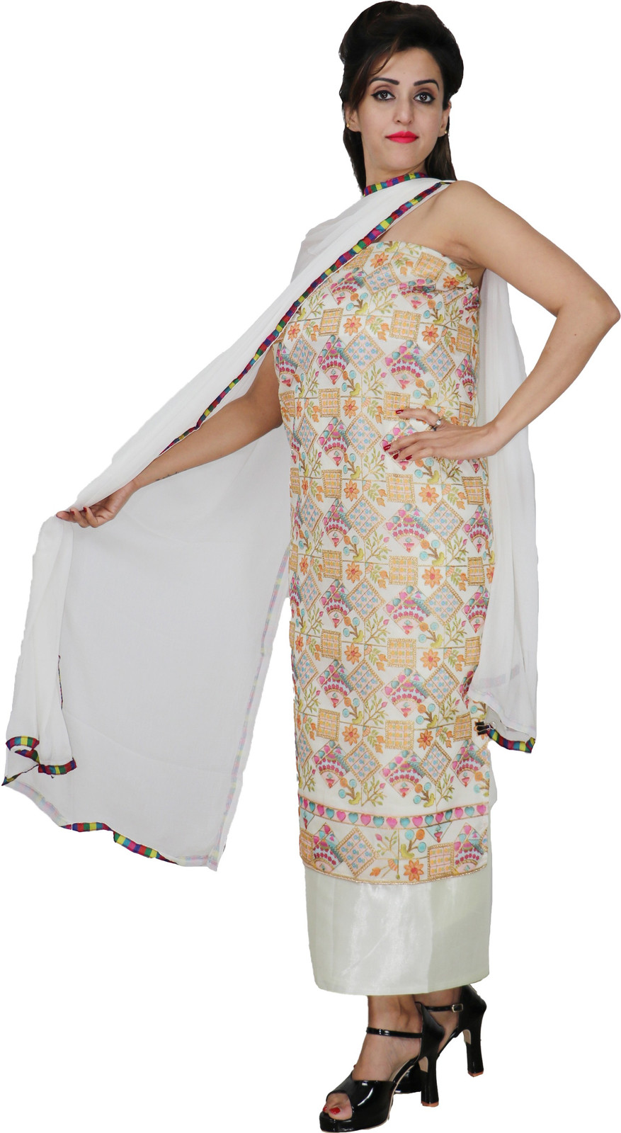 Shimti Chanderi Printed Suit Fabric () – White – view 4
