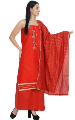 Shimti Cotton Blend Embroidered Salwar Suit Material () – Red