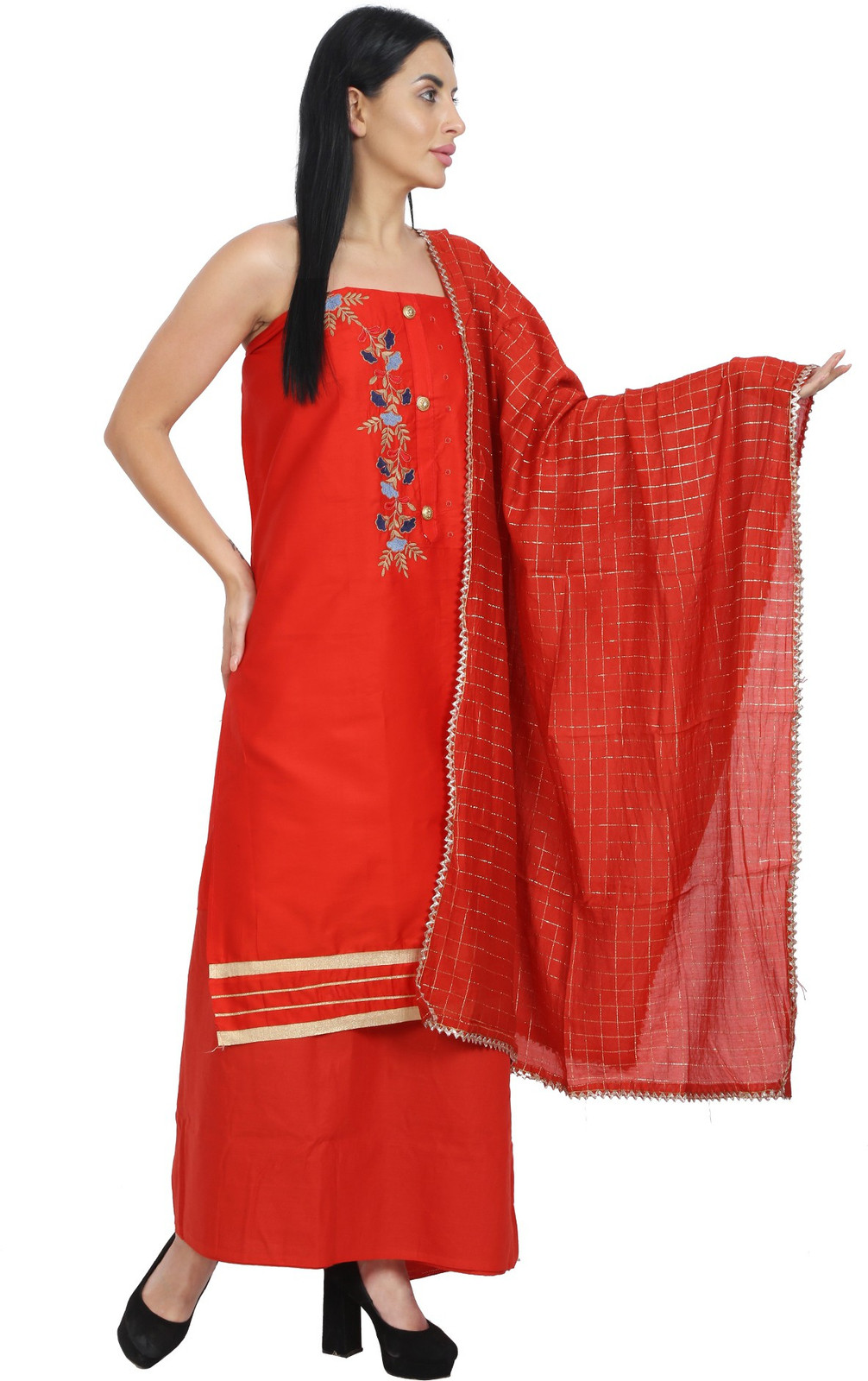 Shimti Cotton Blend Embroidered Salwar Suit Material () – Red