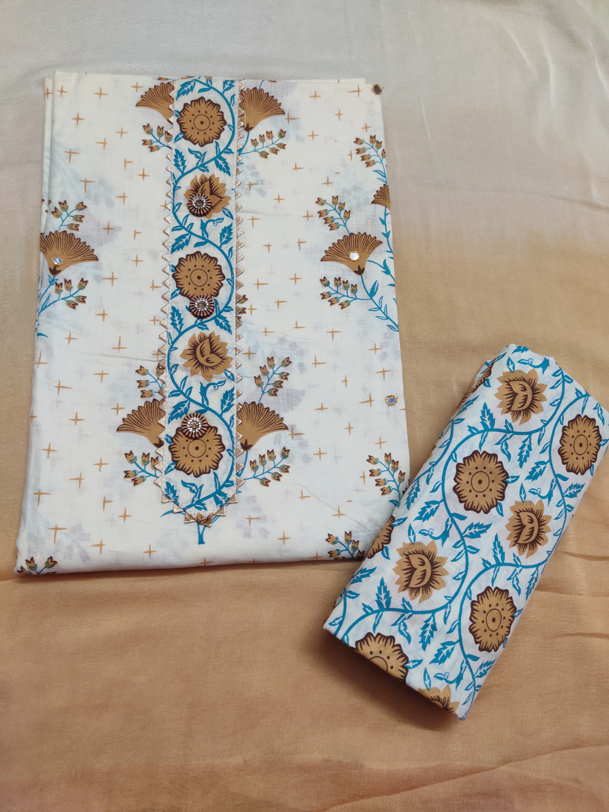 Shimti Cotton Blend Printed Salwar Suit Material () – Brown and Beige