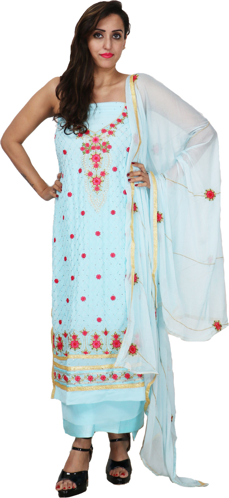 Shimti Georgette Embroidered Salwar Suit Material () – Light Blue, red
