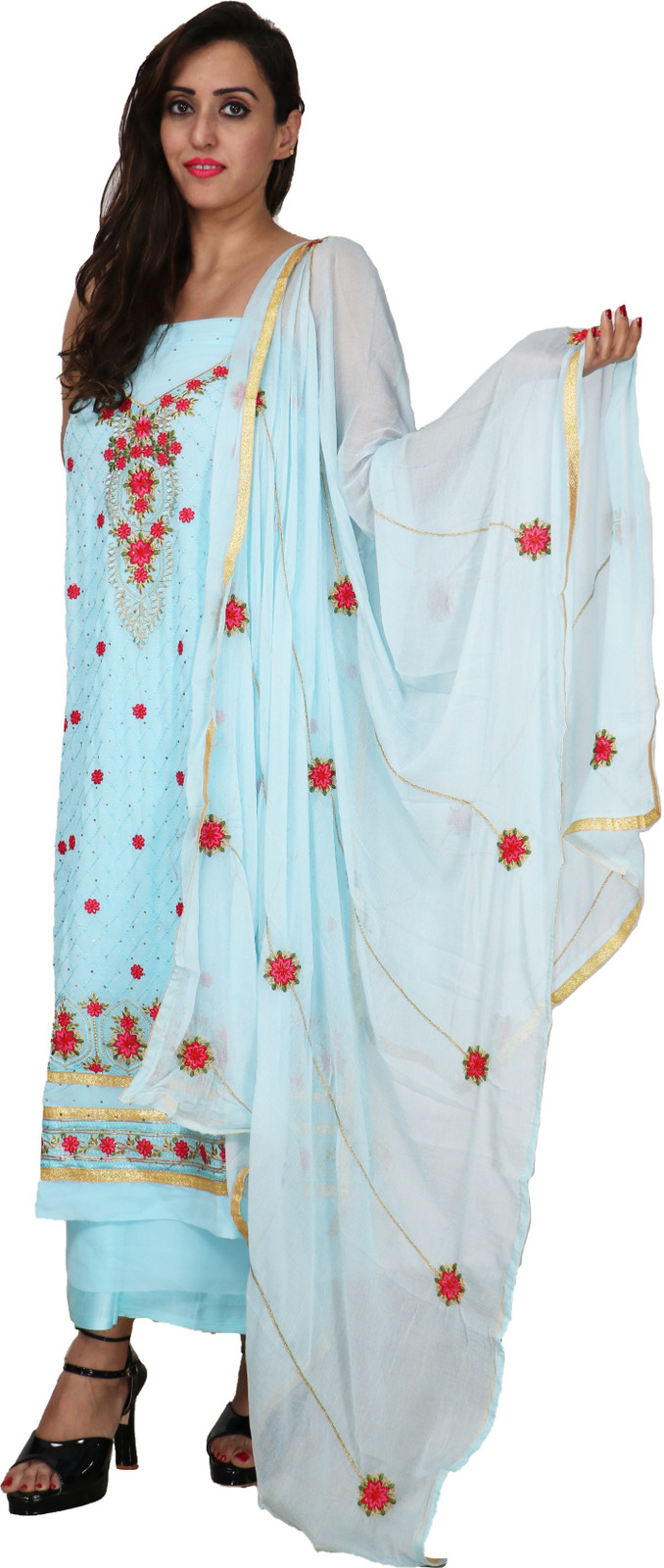 Shimti Georgette Embroidered Salwar Suit Material () – Light Blue, red – view 3