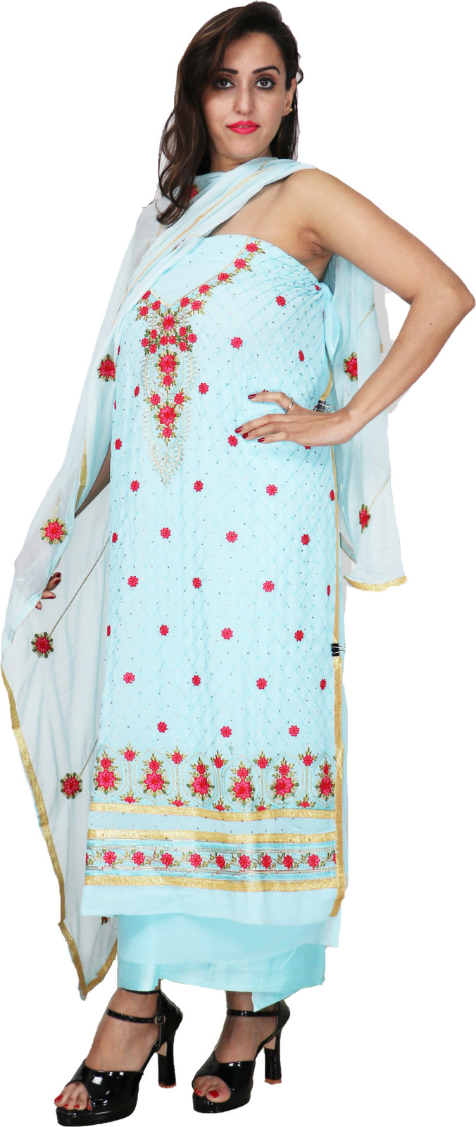 Shimti Georgette Embroidered Salwar Suit Material () – Light Blue, red – view 4