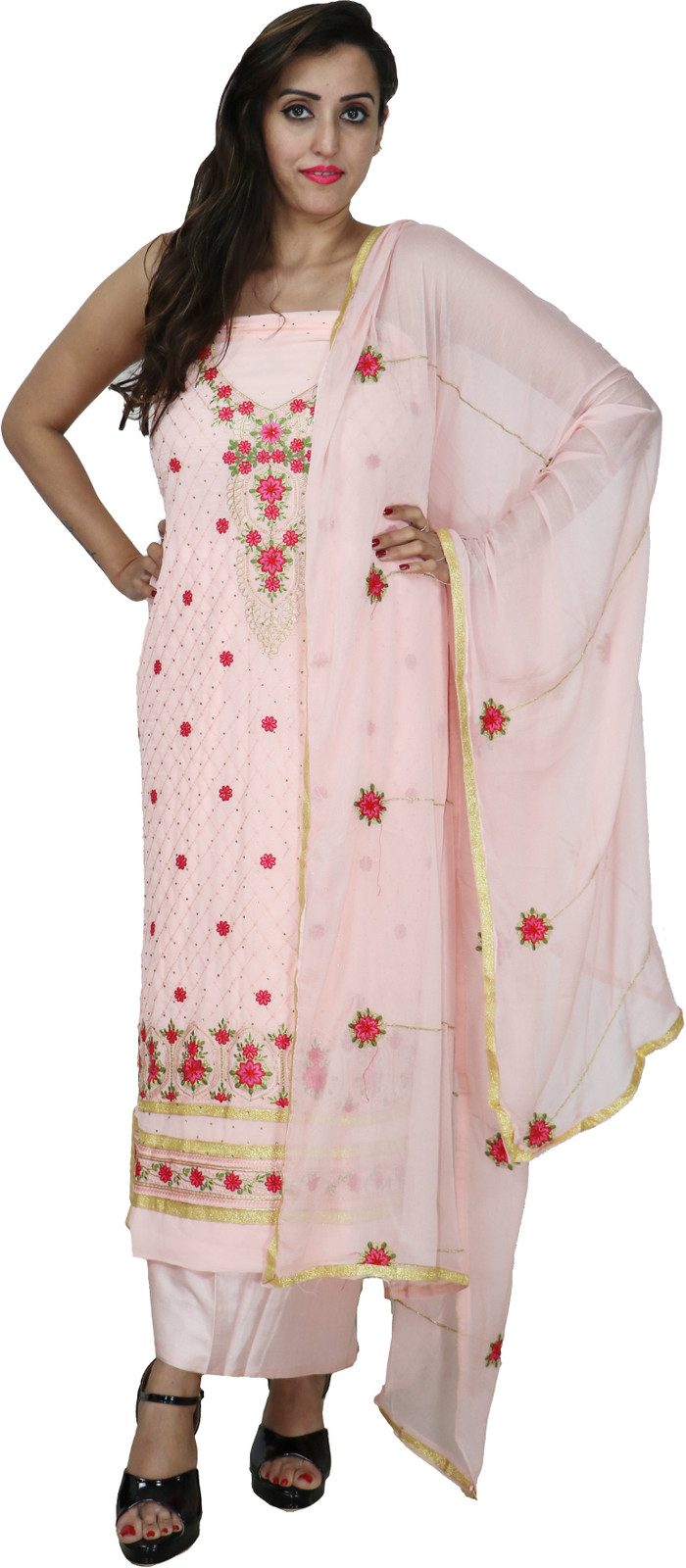 Shimti Georgette Embroidered Salwar Suit Material – Peach, red
