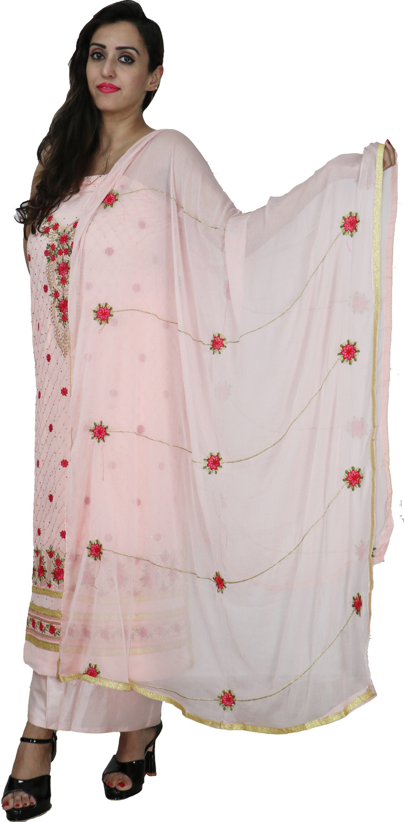 Shimti Georgette Embroidered Salwar Suit Material – Peach, red – view 3