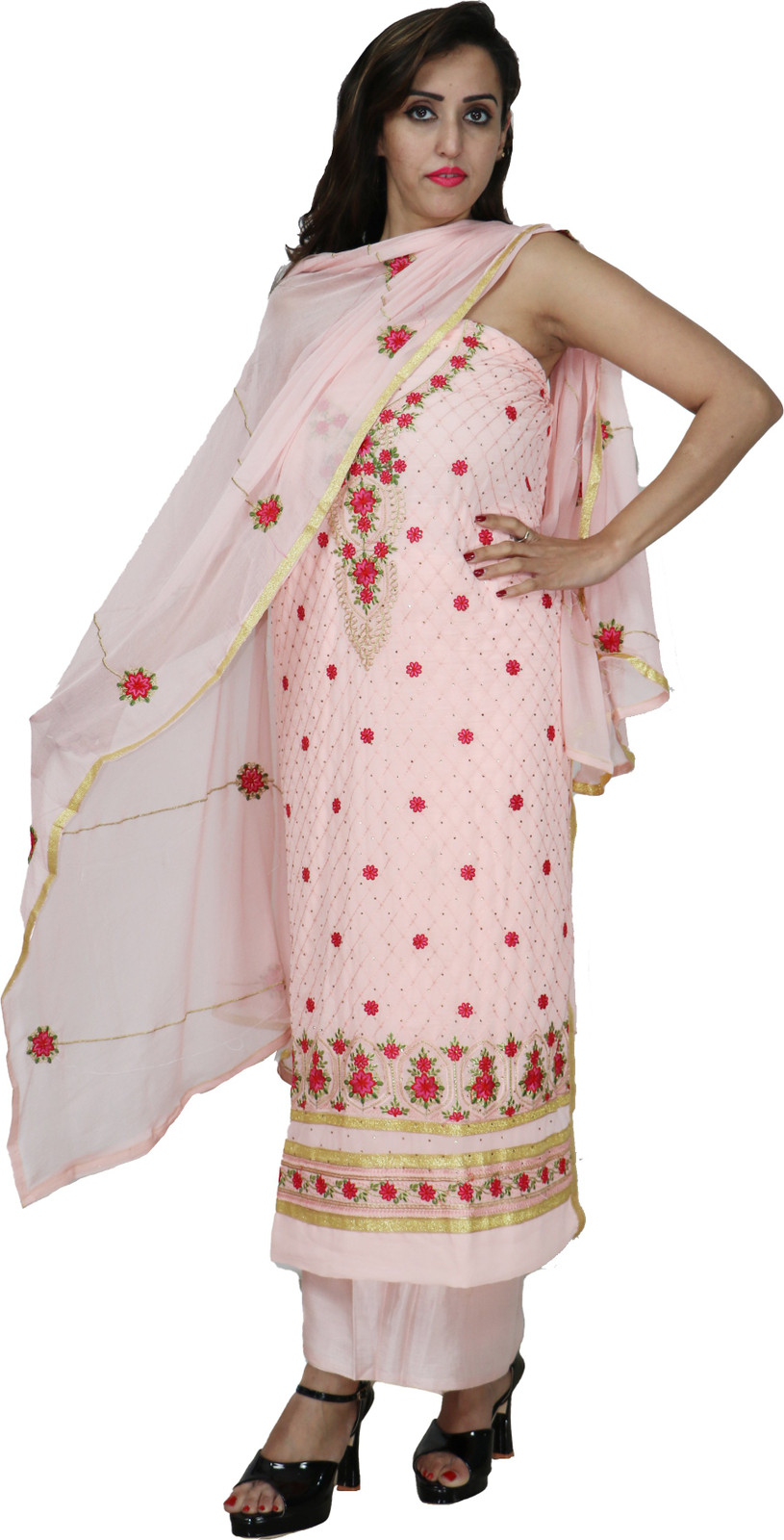 Shimti Georgette Embroidered Salwar Suit Material – Peach, red – view 4