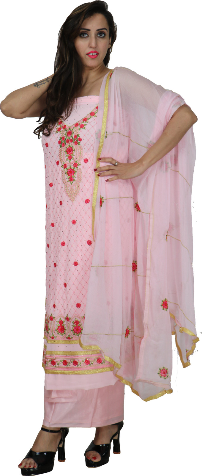Shimti Georgette Embroidered Salwar Suit Material – Pink, red – view 3