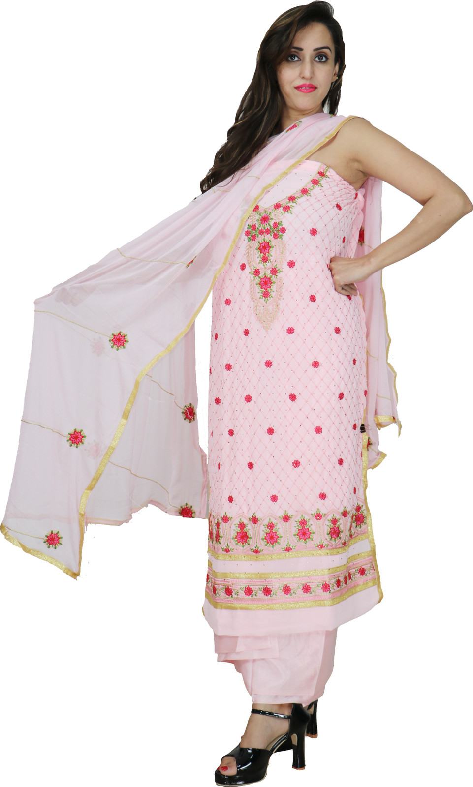 Shimti Georgette Embroidered Salwar Suit Material – Pink, red – view 4
