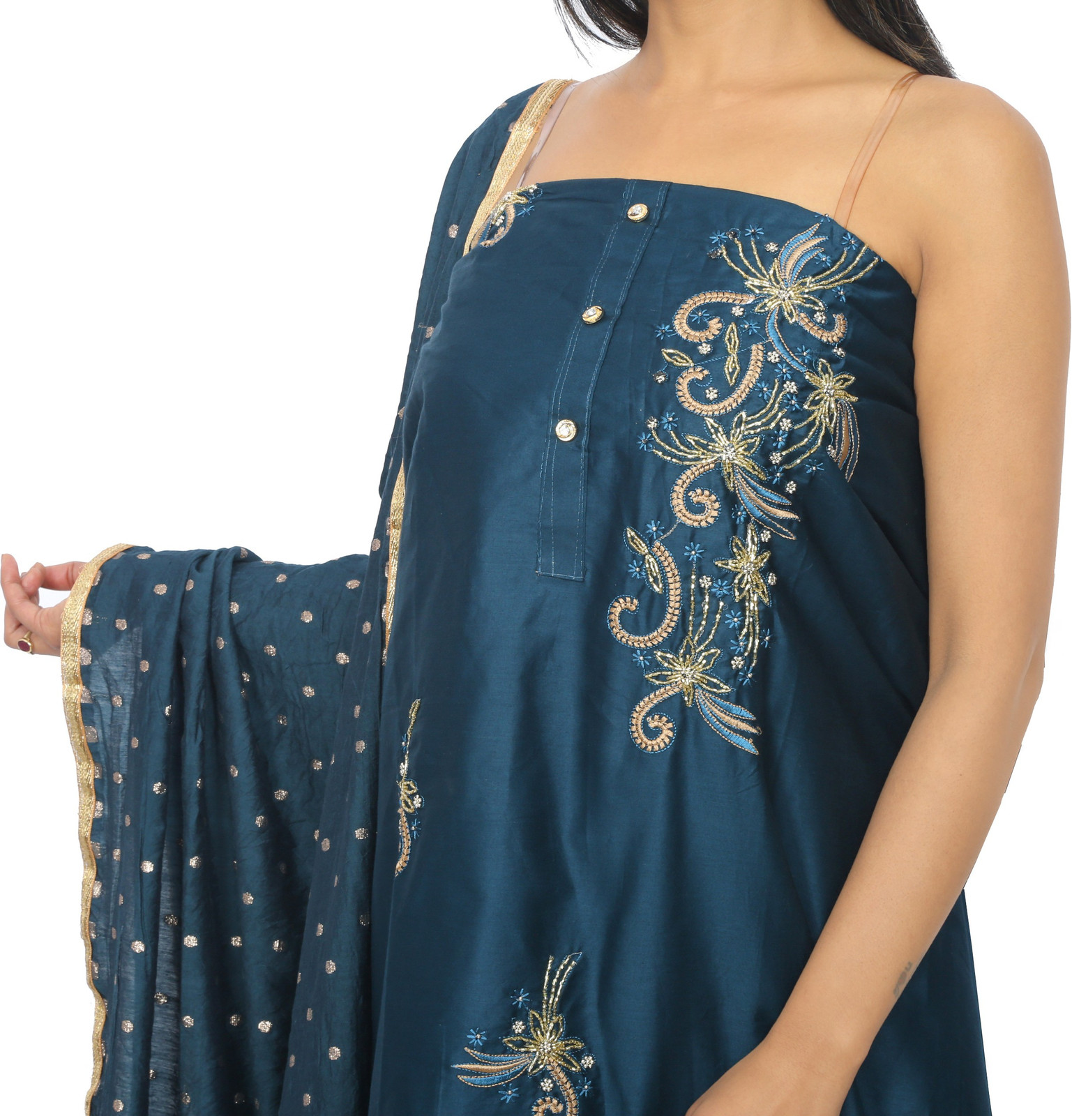 Shimti Polycotton Embroidered, Embellished Salwar Suit Material () – Dark Blue – view 3