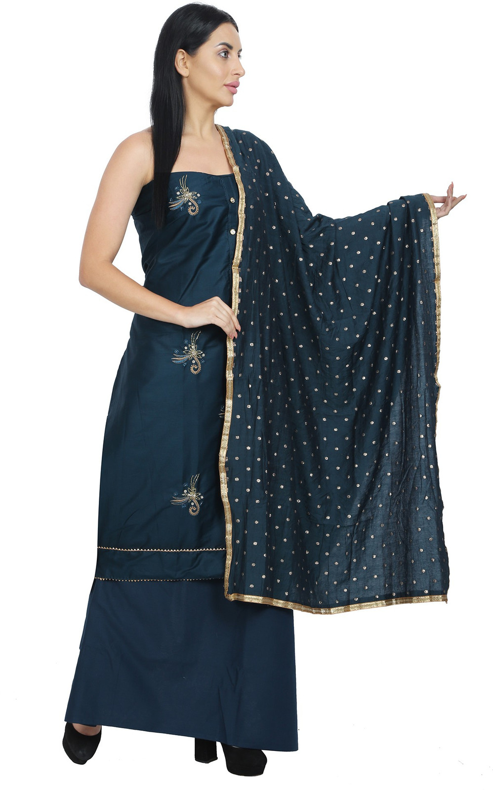 Shimti Polycotton Embroidered, Embellished Salwar Suit Material () – Dark Blue – view 5