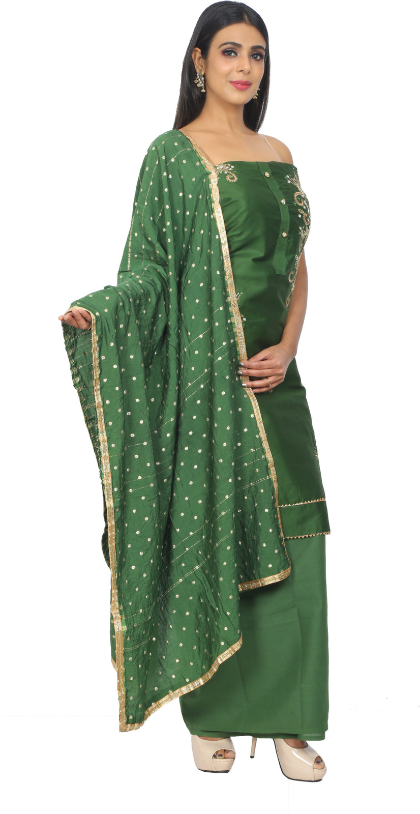 Shimti Polycotton Embroidered, Embellished Salwar Suit Material – Green – view 4