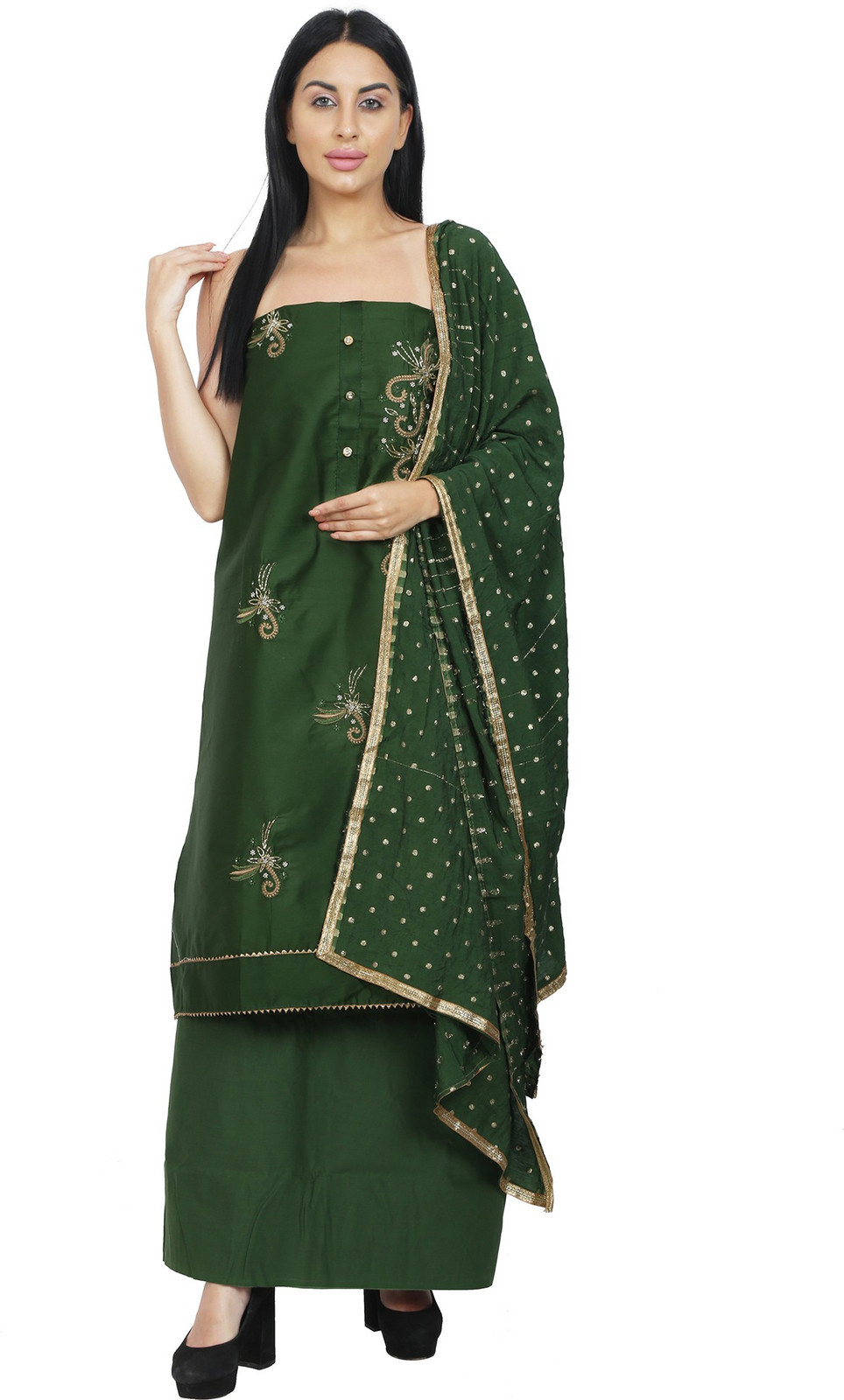 Shimti Polycotton Embroidered, Embellished Salwar Suit Material – Green – view 5
