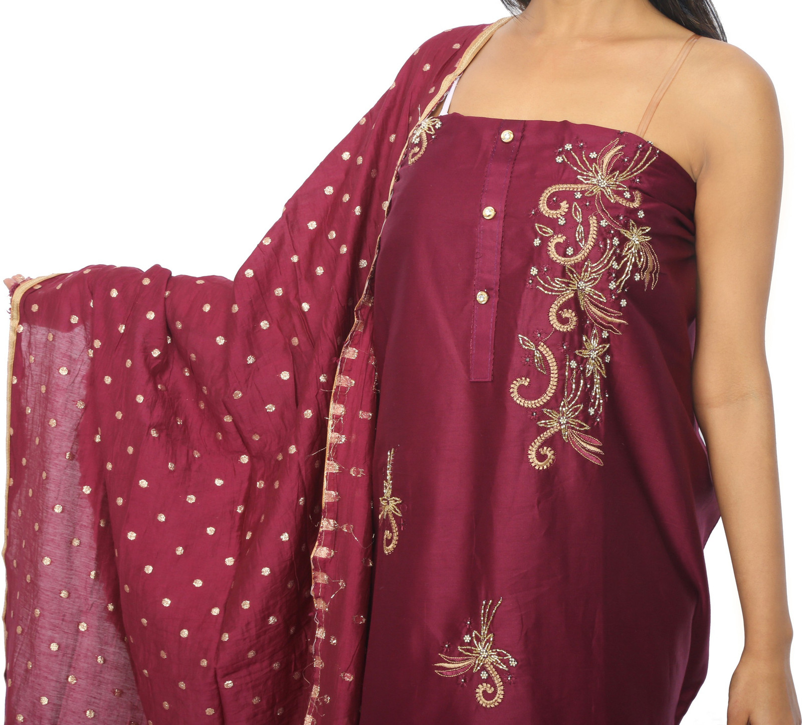 Shimti Polycotton Embroidered, Embellished Salwar Suit Material () – Maroon – view 3
