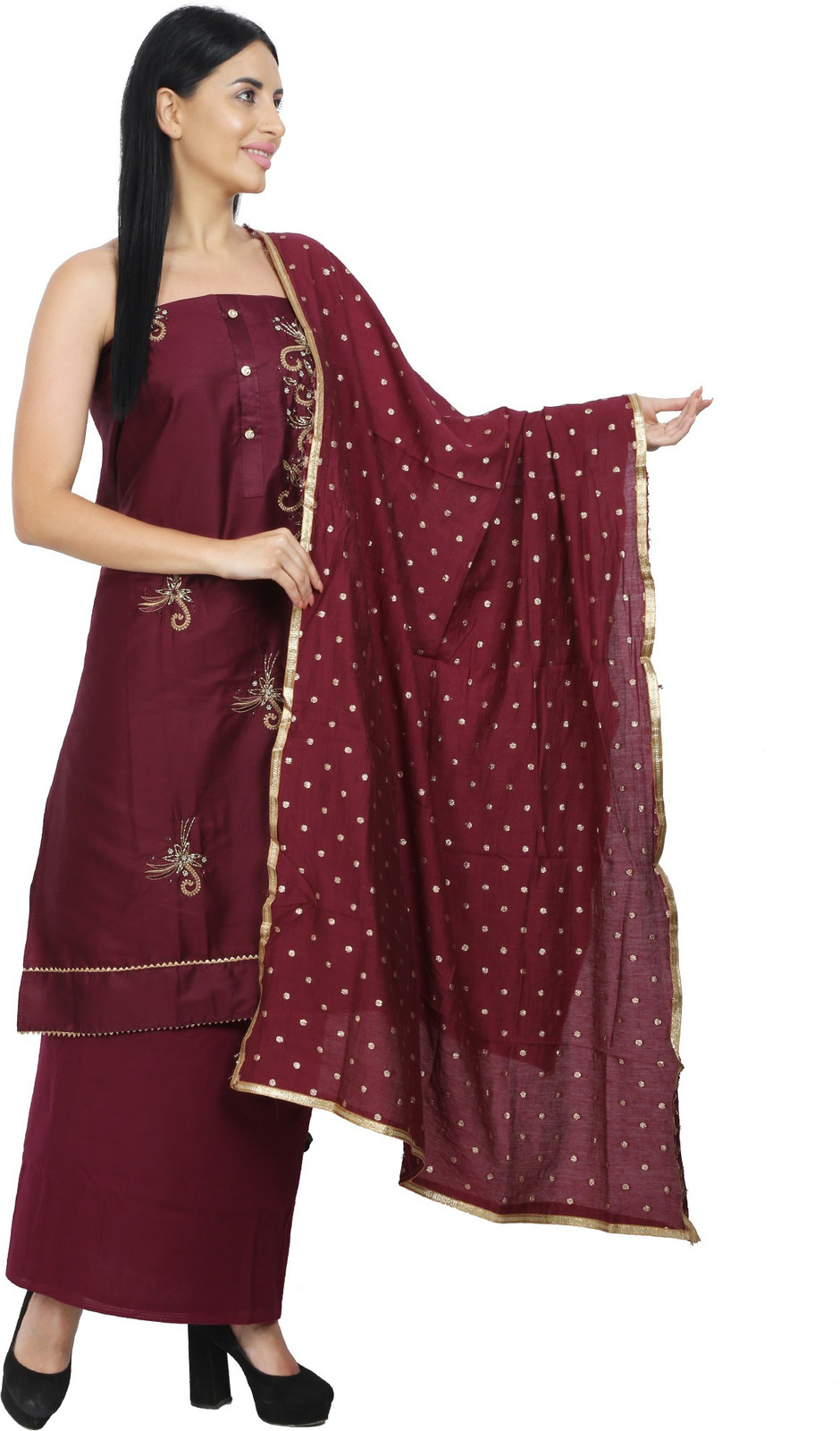 Shimti Polycotton Embroidered, Embellished Salwar Suit Material () – Maroon – view 4
