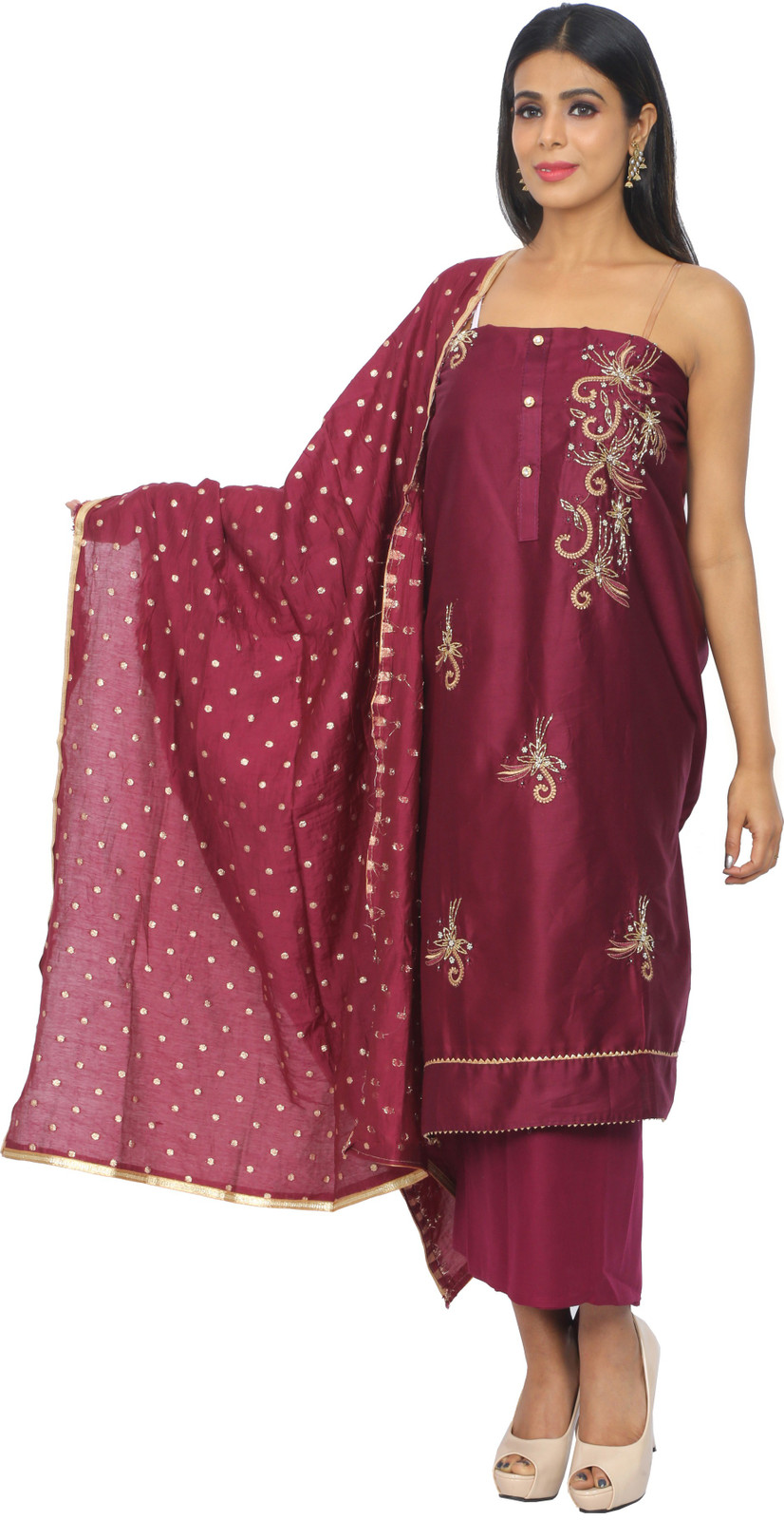 Shimti Polycotton Embroidered, Embellished Salwar Suit Material () – Maroon – view 5