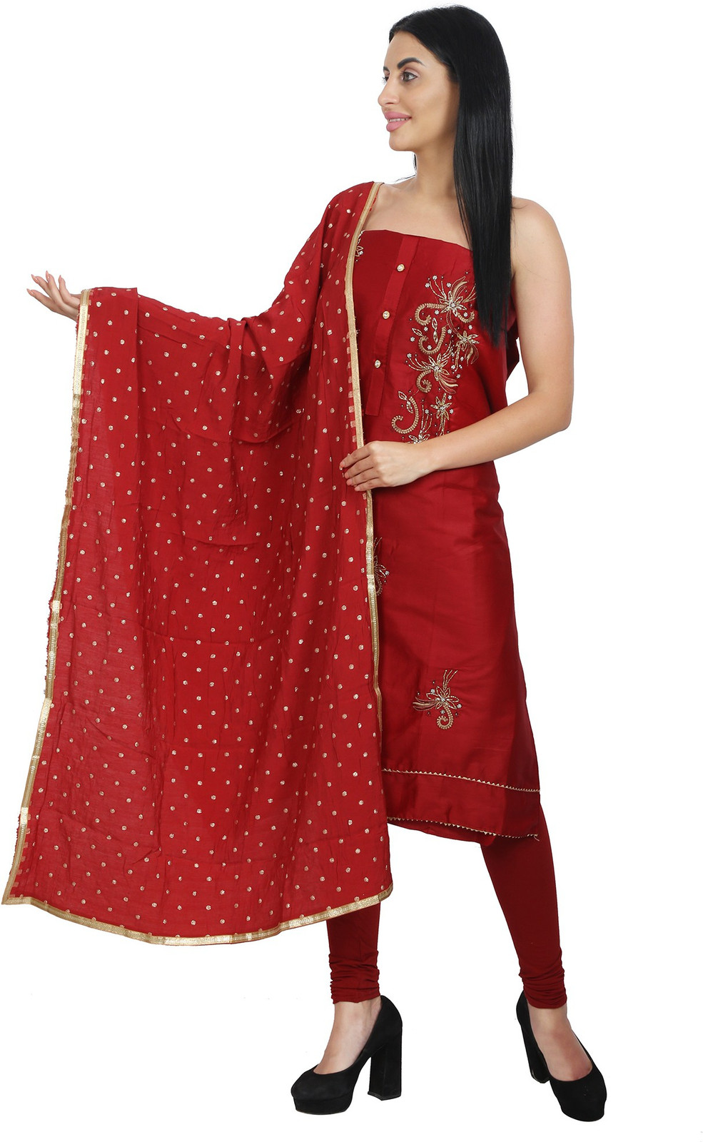 Shimti Polycotton Embroidered, Embellished Salwar Suit Material () – Red