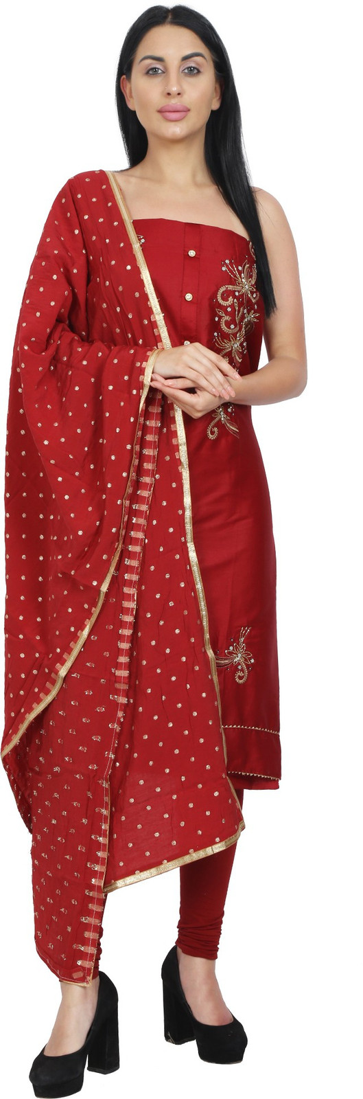 Shimti Polycotton Embroidered, Embellished Salwar Suit Material () – Red – view 3