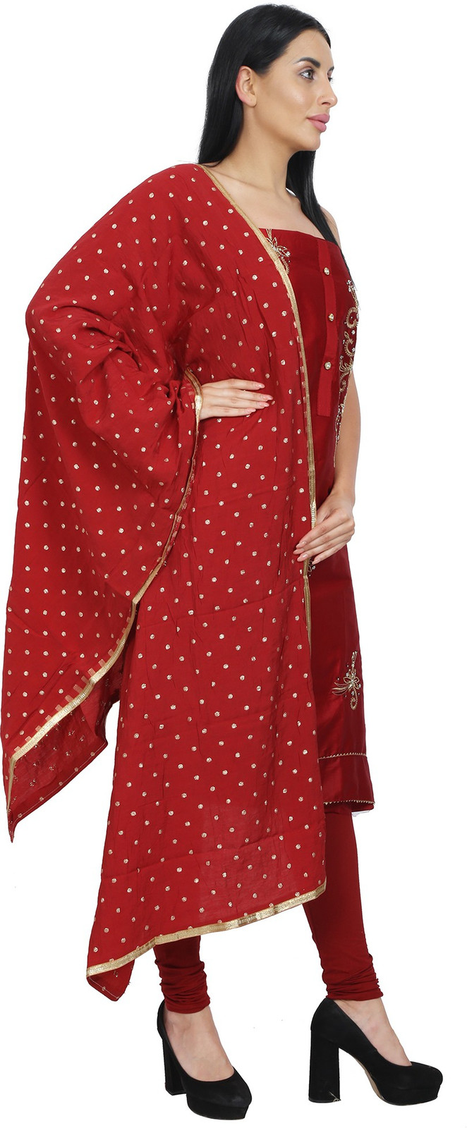 Shimti Polycotton Embroidered, Embellished Salwar Suit Material () – Red – view 4