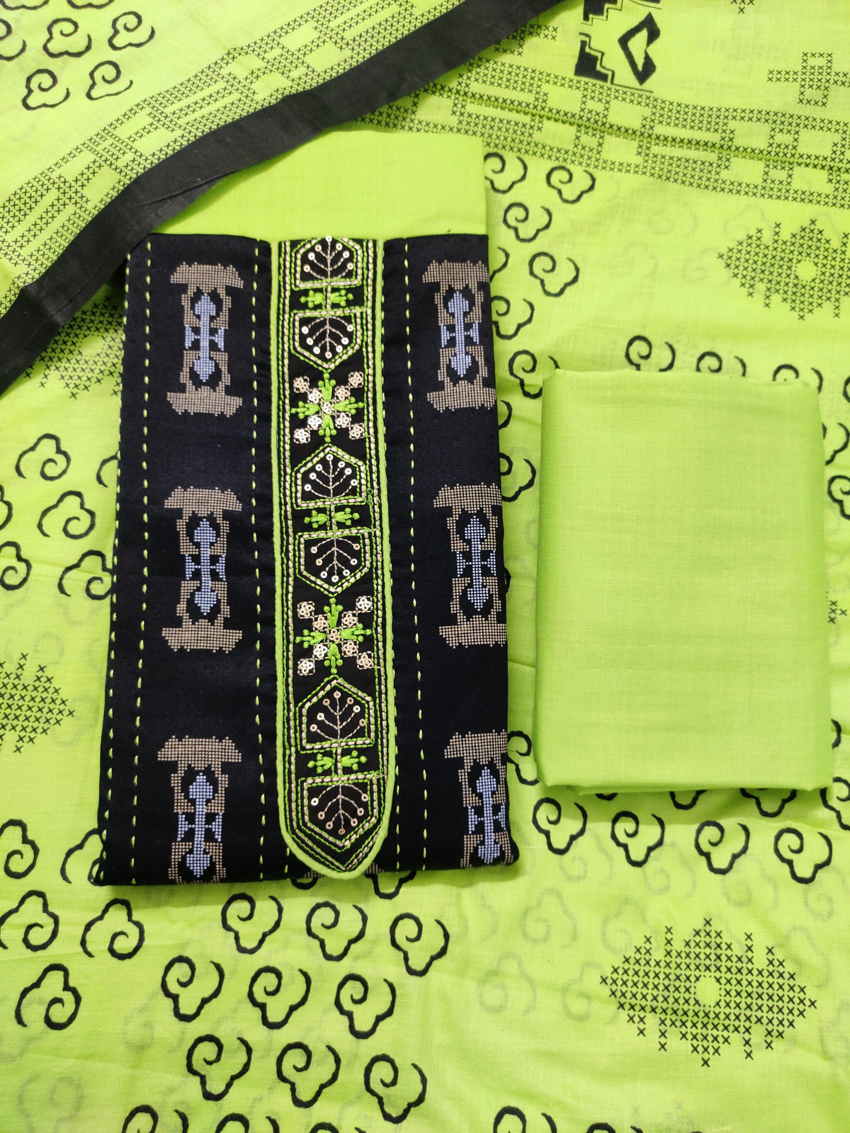 Shimti Polycotton Embroidered Salwar Suit Material – Black & Green