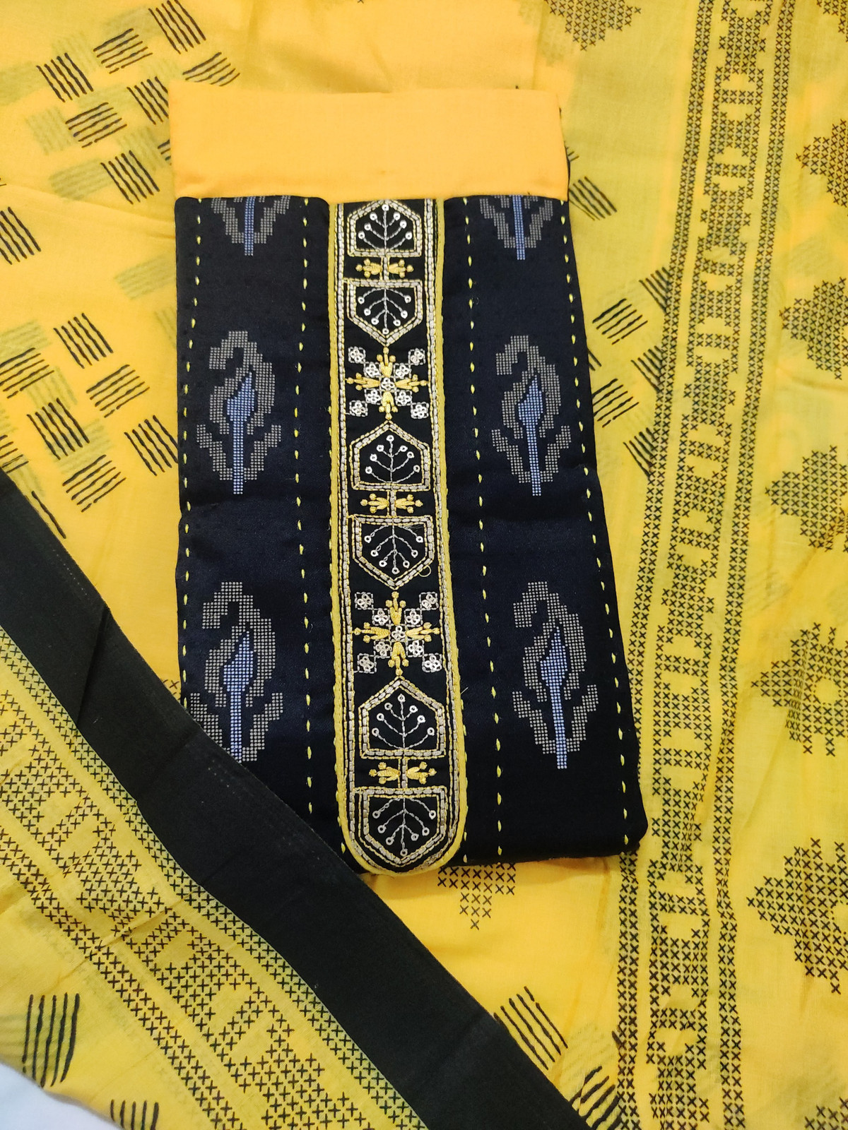 Shimti Polycotton Embroidered Salwar Suit Material – Black & Yellow – view 2