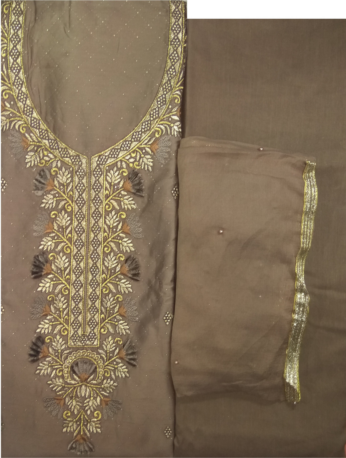 Shimti Polycotton Embroidered Salwar Suit Material – Brown