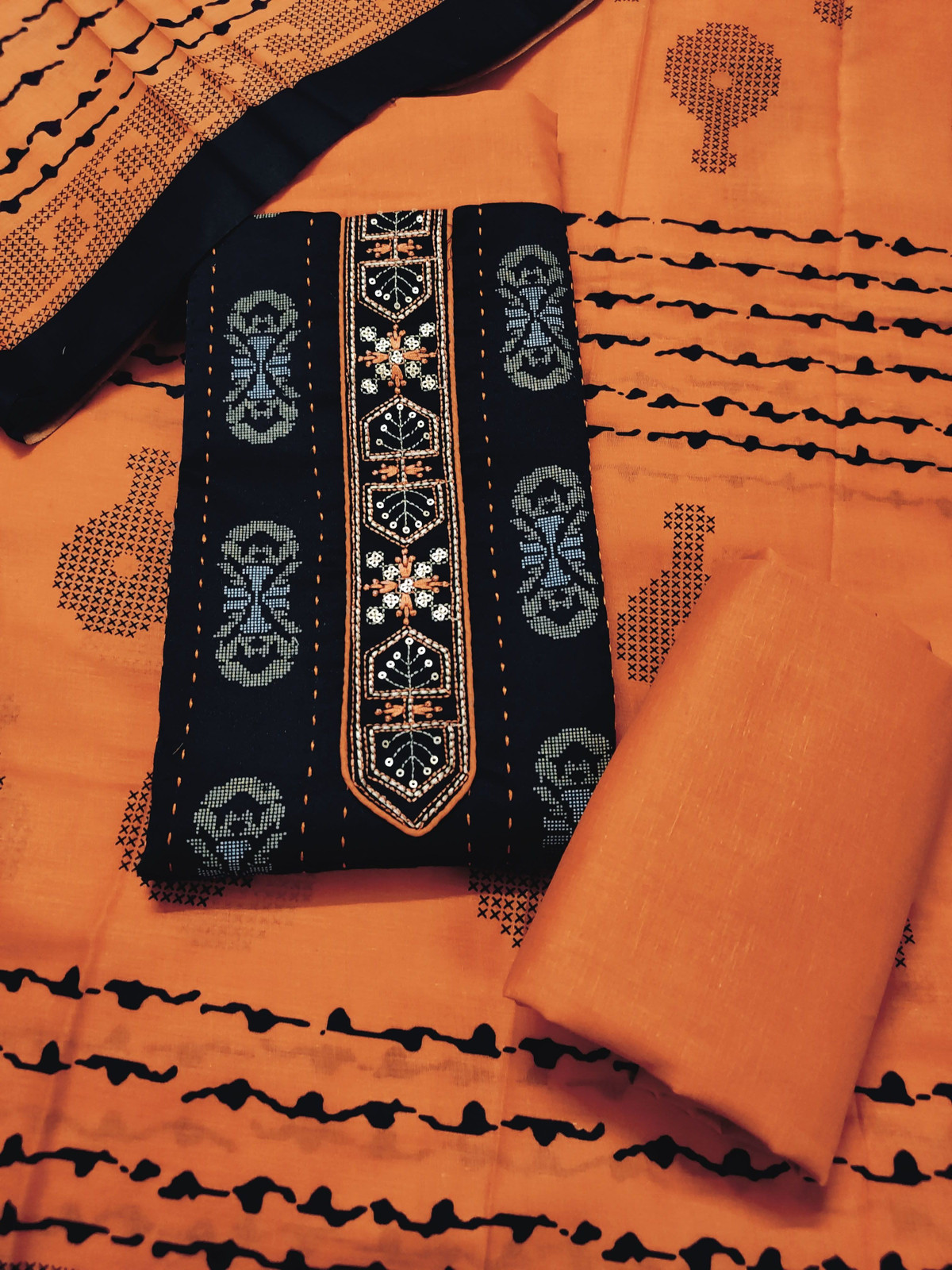 Shimti Polycotton Embroidered Salwar Suit Material – Orange & Black