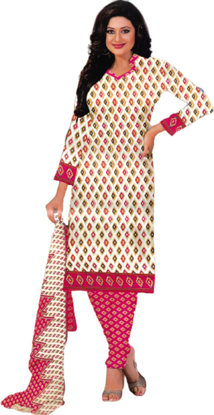 Shimti Polycotton Printed Salwar Suit Material – Beige and Pink