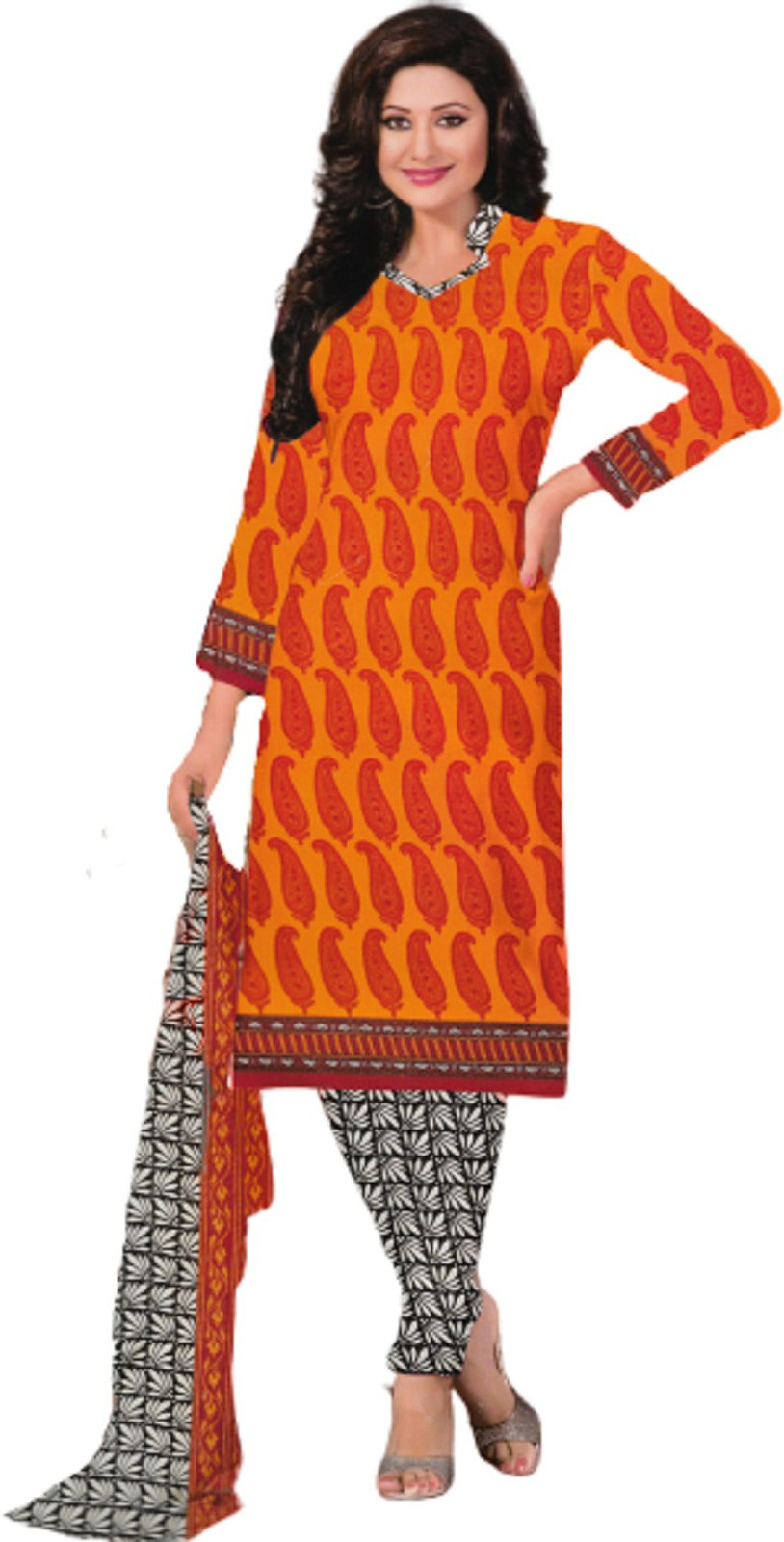 Shimti Polycotton Printed Salwar Suit Material – Orange and Red