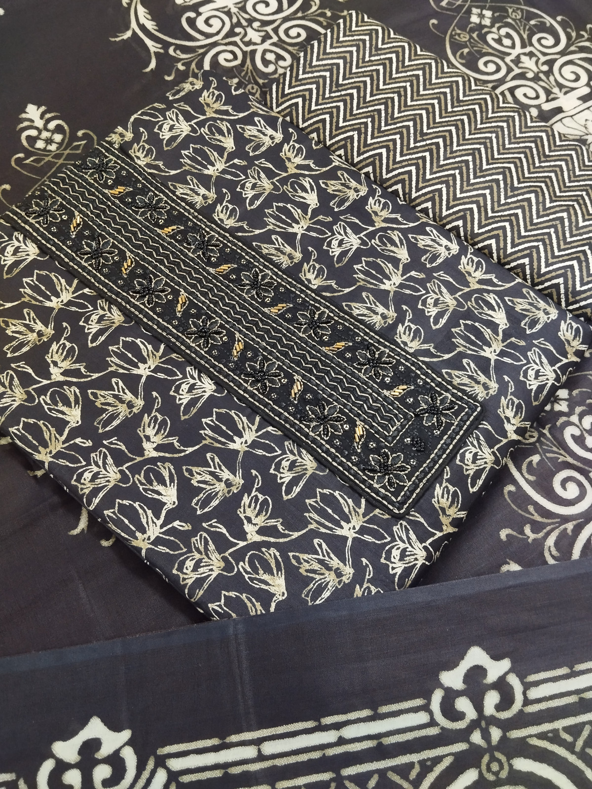 Shimti Pure Cotton Embroidered, Printed Salwar Suit Material – Black