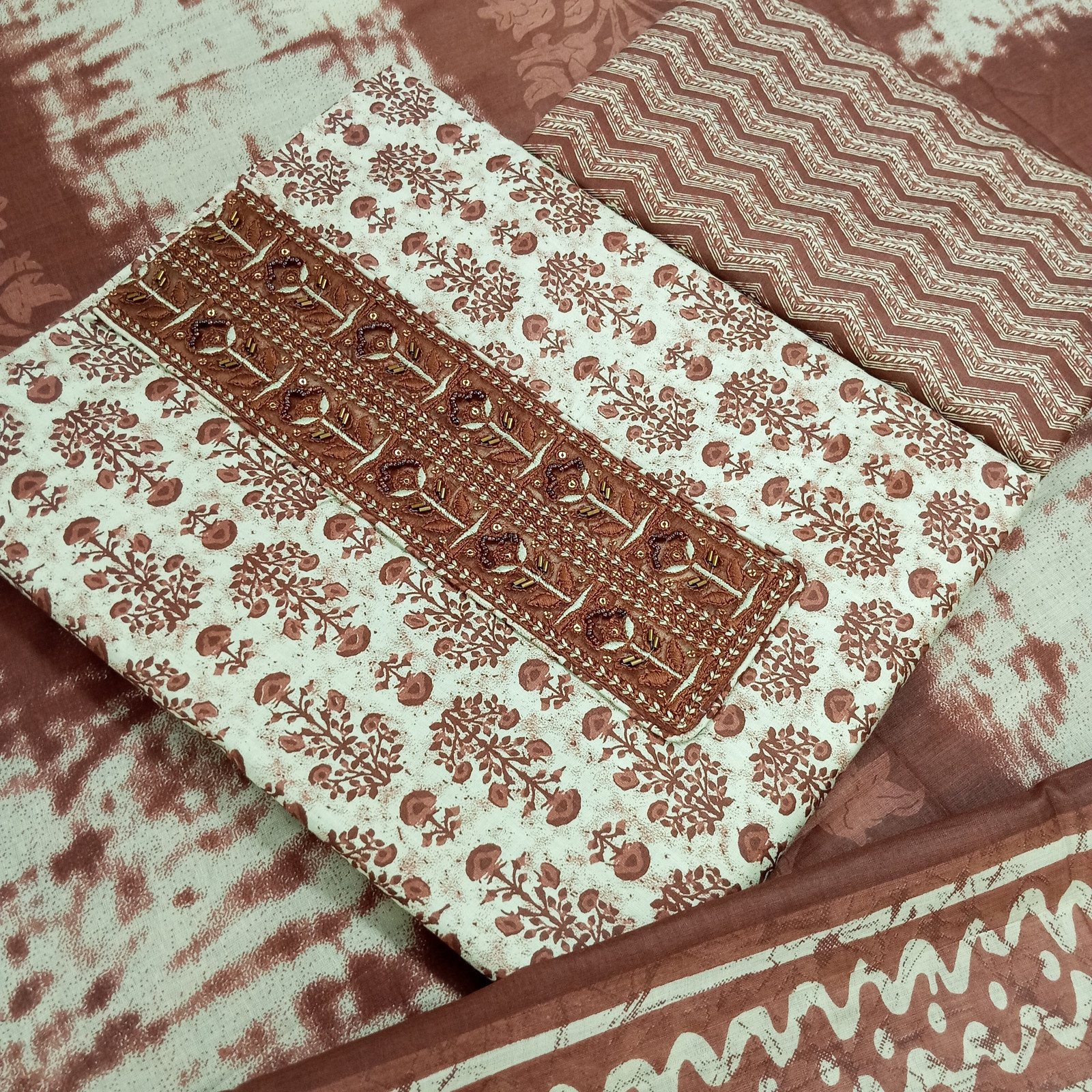 Shimti Pure Cotton Embroidered, Printed Salwar Suit Material () – Brown