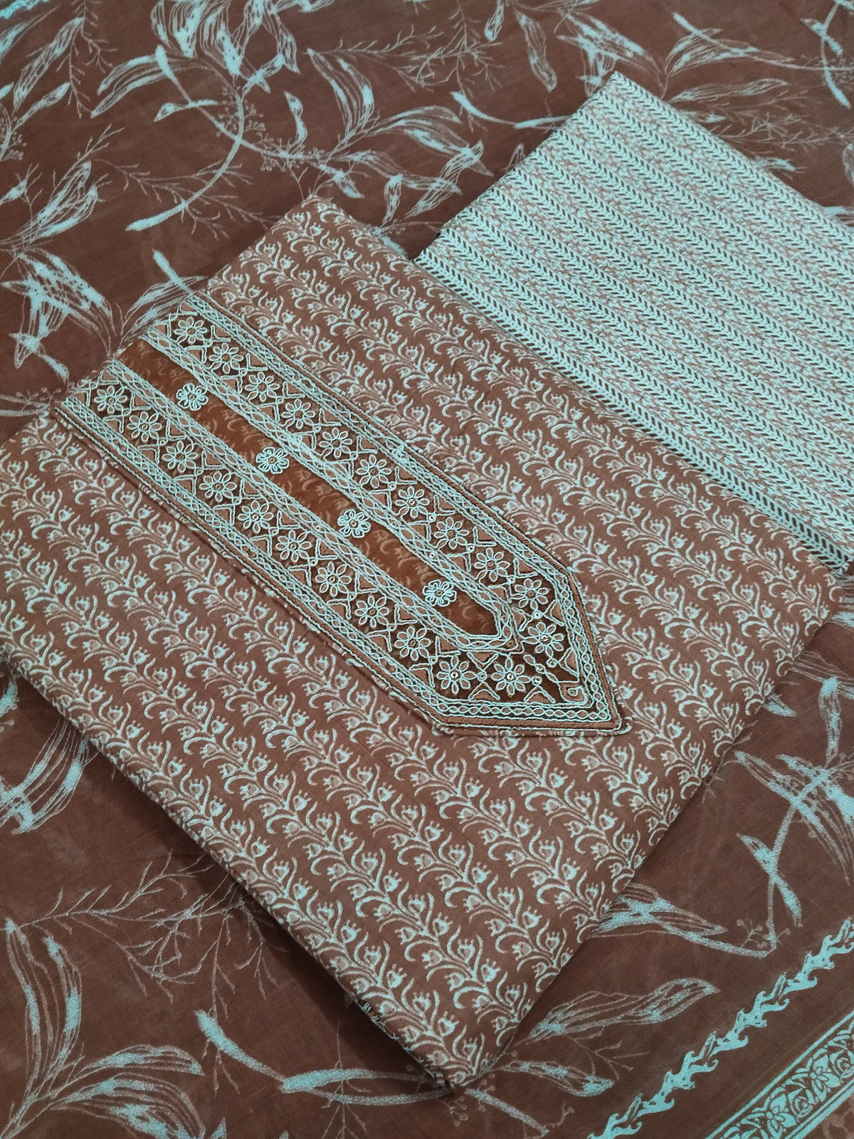 Shimti Pure Cotton Embroidered, Printed Salwar Suit Material – Brown-S – view 2