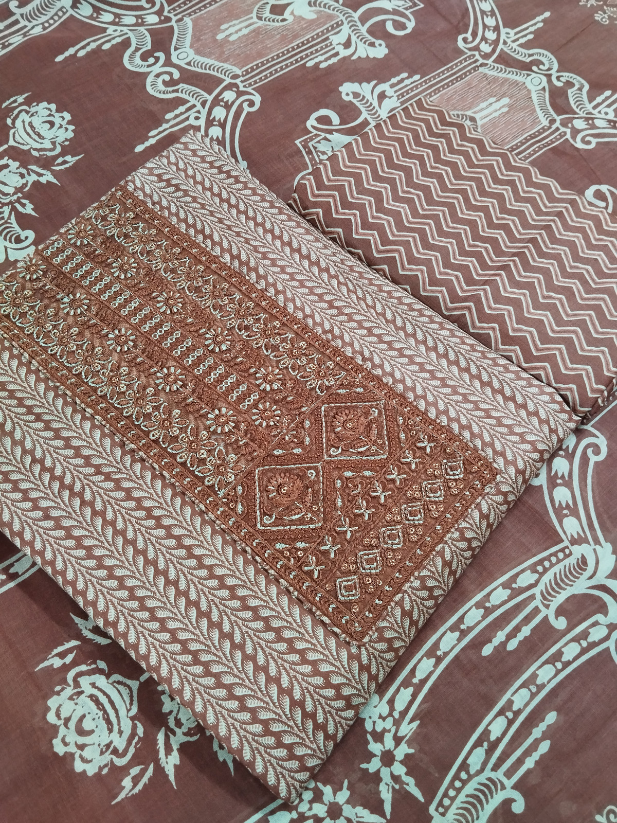 Shimti Pure Cotton Embroidered, Printed Salwar Suit Material () – Brown – view 2