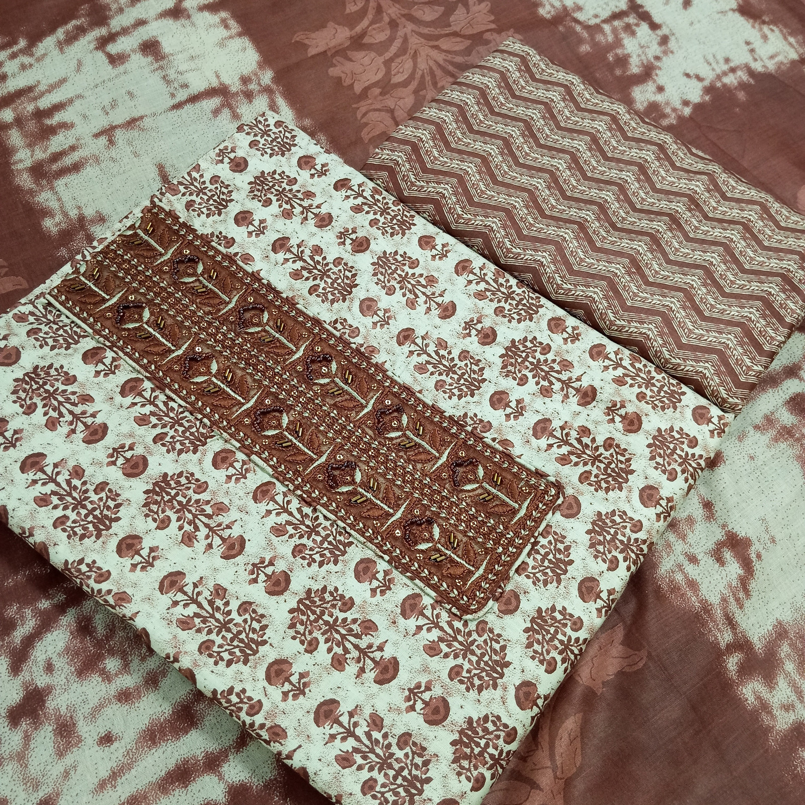 Shimti Pure Cotton Embroidered, Printed Salwar Suit Material () – Brown – view 2