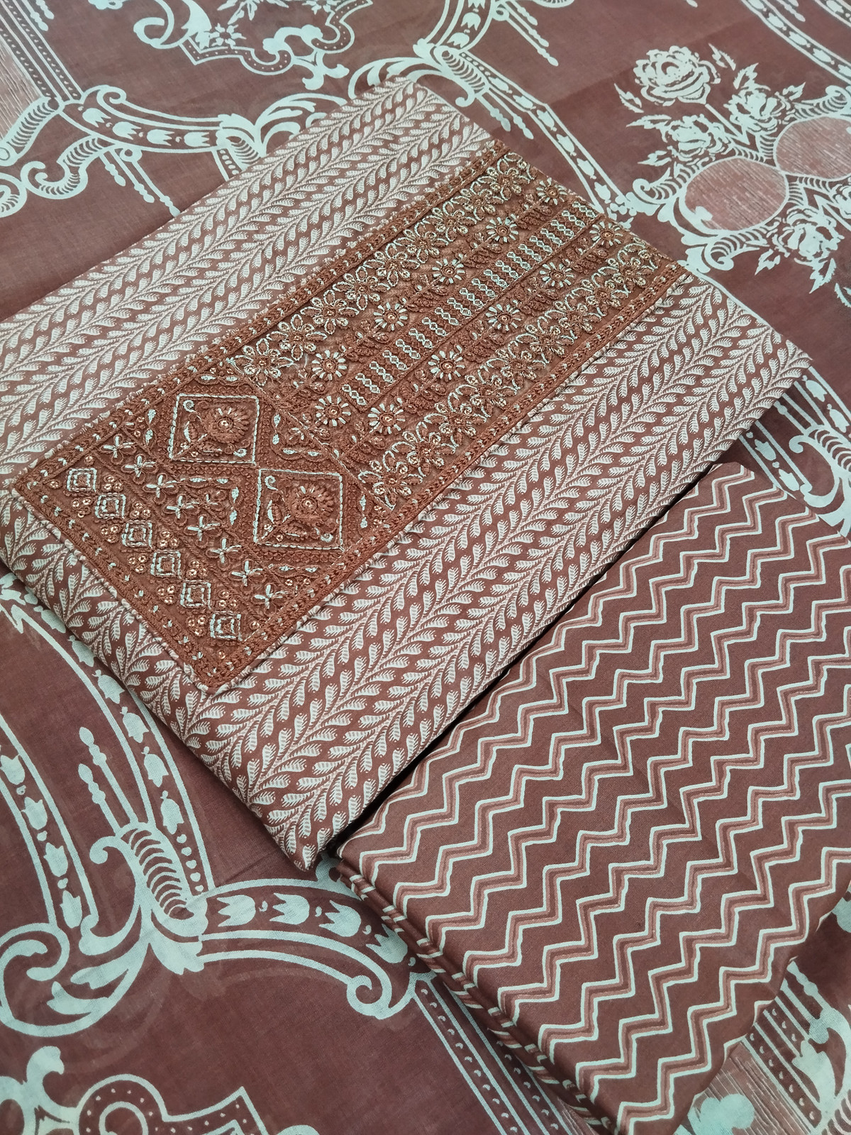 Shimti Pure Cotton Embroidered, Printed Salwar Suit Material () – Brown – view 3