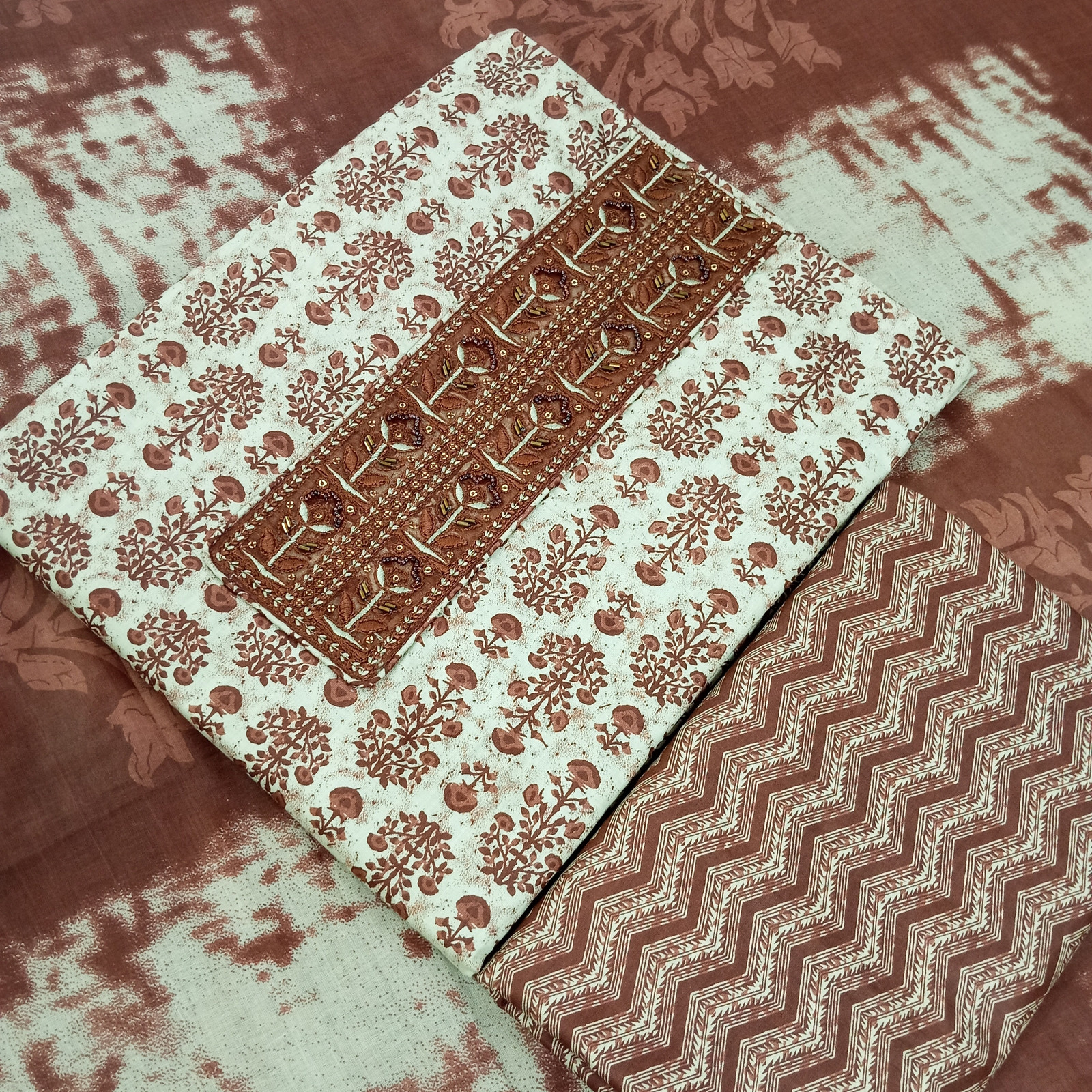 Shimti Pure Cotton Embroidered, Printed Salwar Suit Material () – Brown – view 3