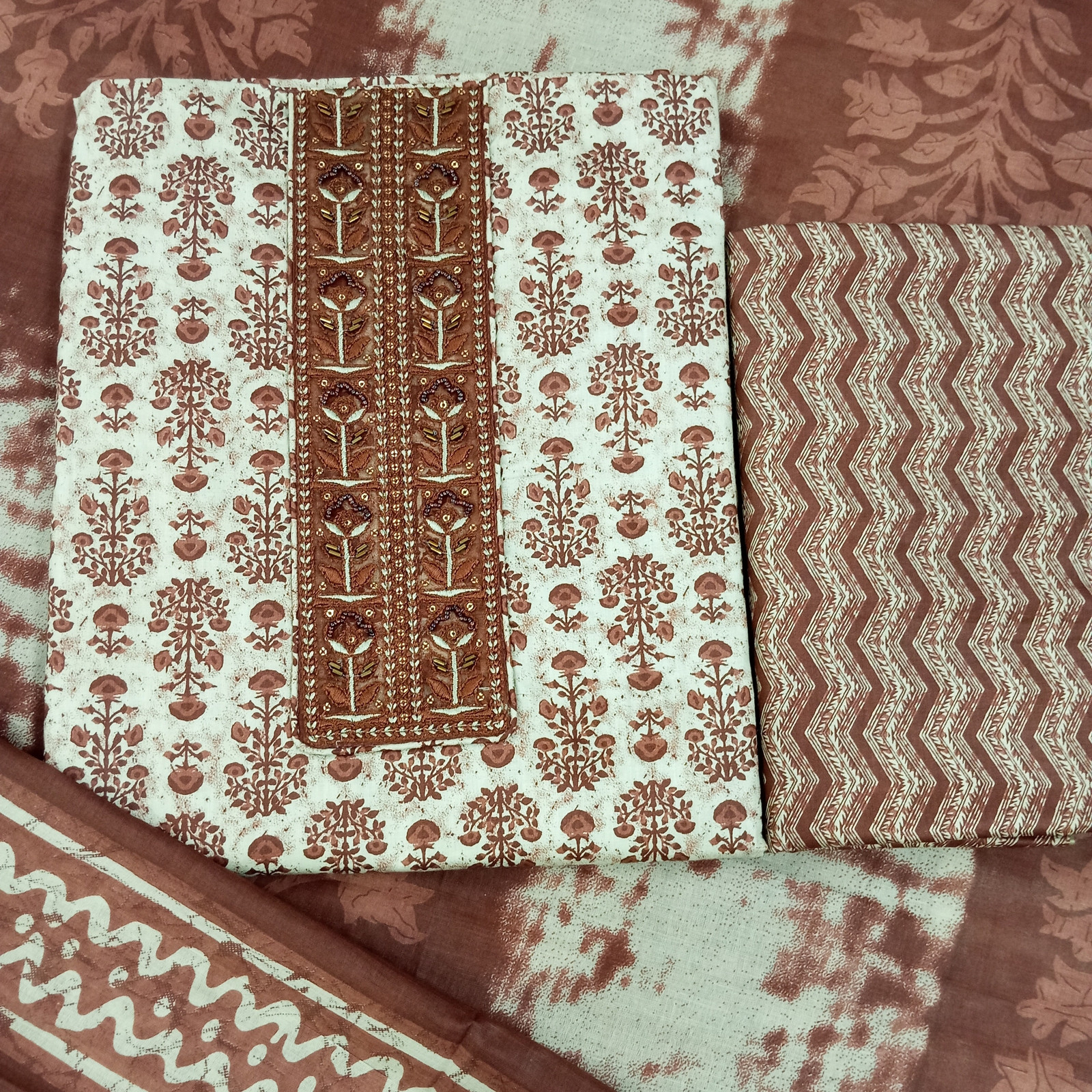Shimti Pure Cotton Embroidered, Printed Salwar Suit Material () – Brown – view 4