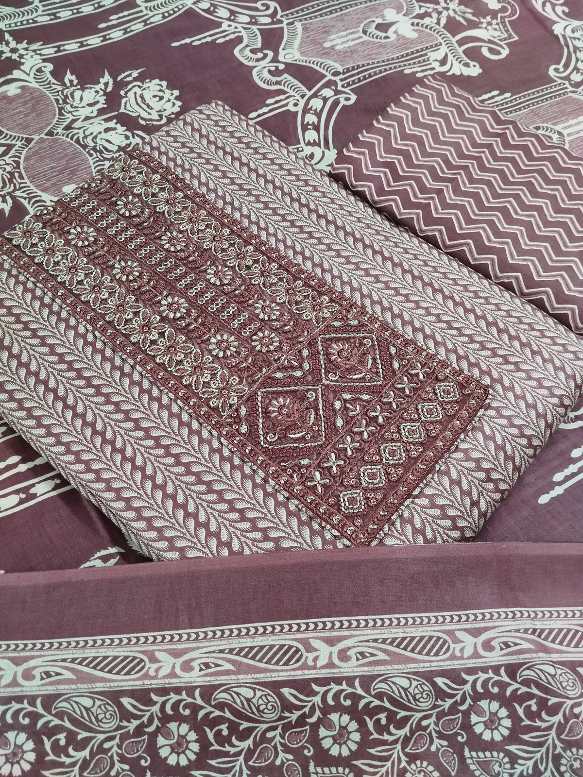 Shimti Pure Cotton Embroidered, Printed Salwar Suit Material () – Dark Brown