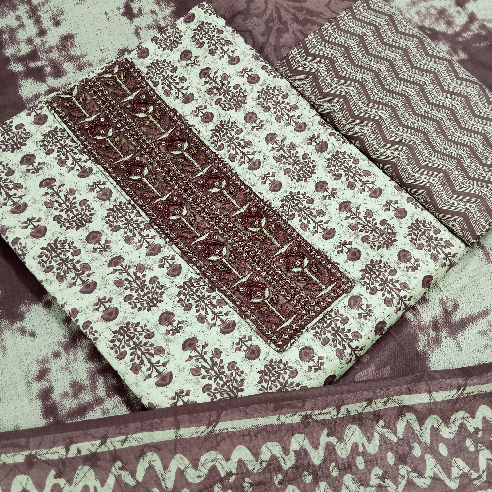 Shimti Pure Cotton Embroidered, Printed Salwar Suit Material () – Dark Brown