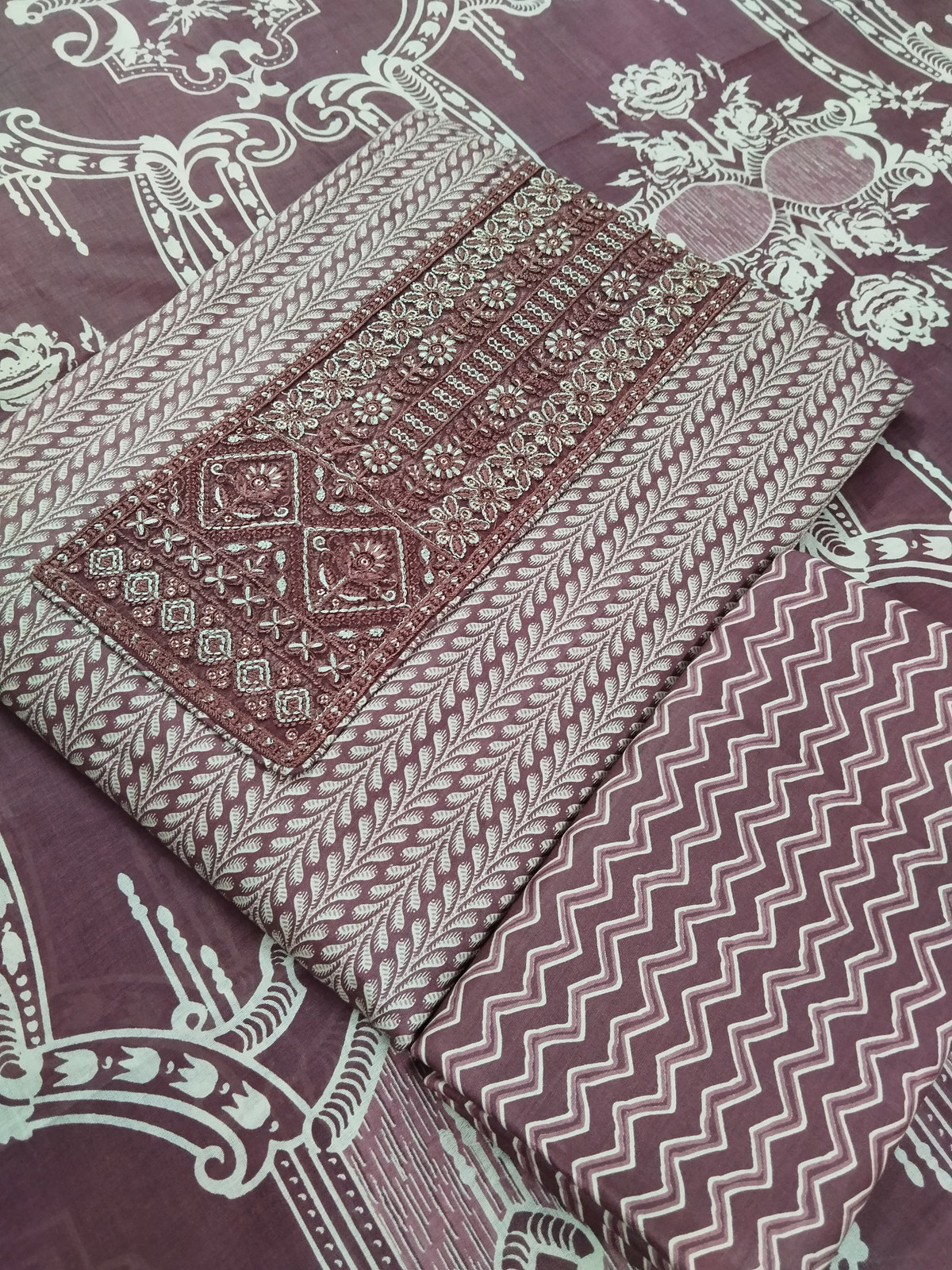 Shimti Pure Cotton Embroidered, Printed Salwar Suit Material () – Dark Brown – view 2