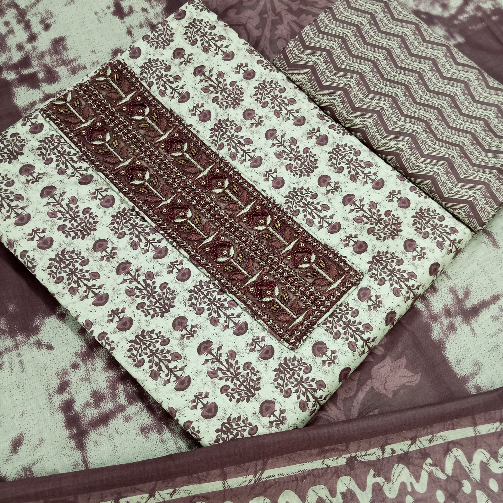 Shimti Pure Cotton Embroidered, Printed Salwar Suit Material () – Dark Brown – view 2