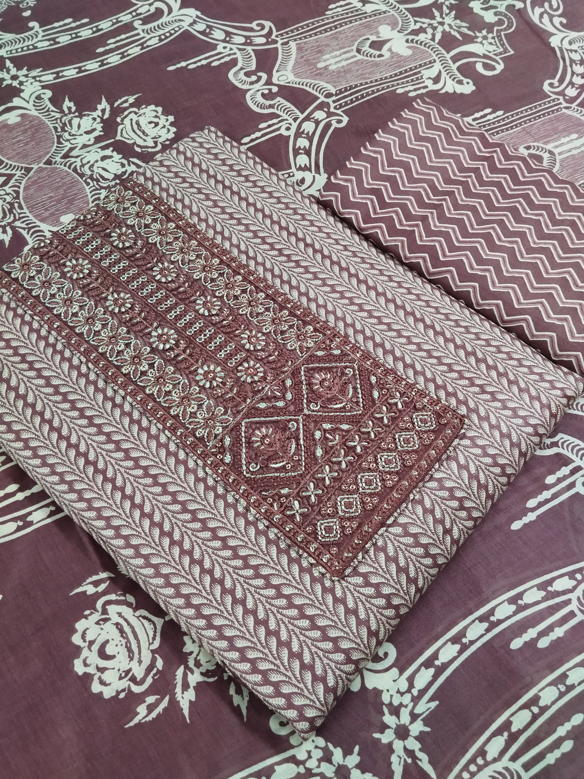 Shimti Pure Cotton Embroidered, Printed Salwar Suit Material () – Dark Brown – view 3