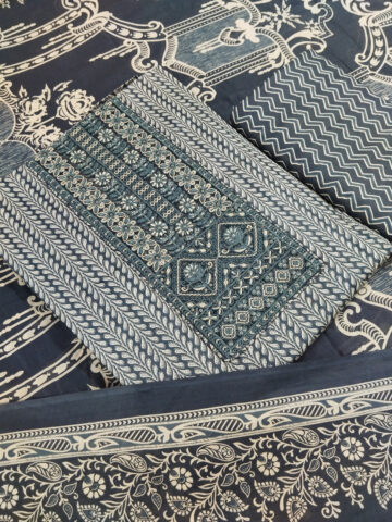 Shimti Pure Cotton Embroidered, Printed Salwar Suit Material – Dark Grey Blue