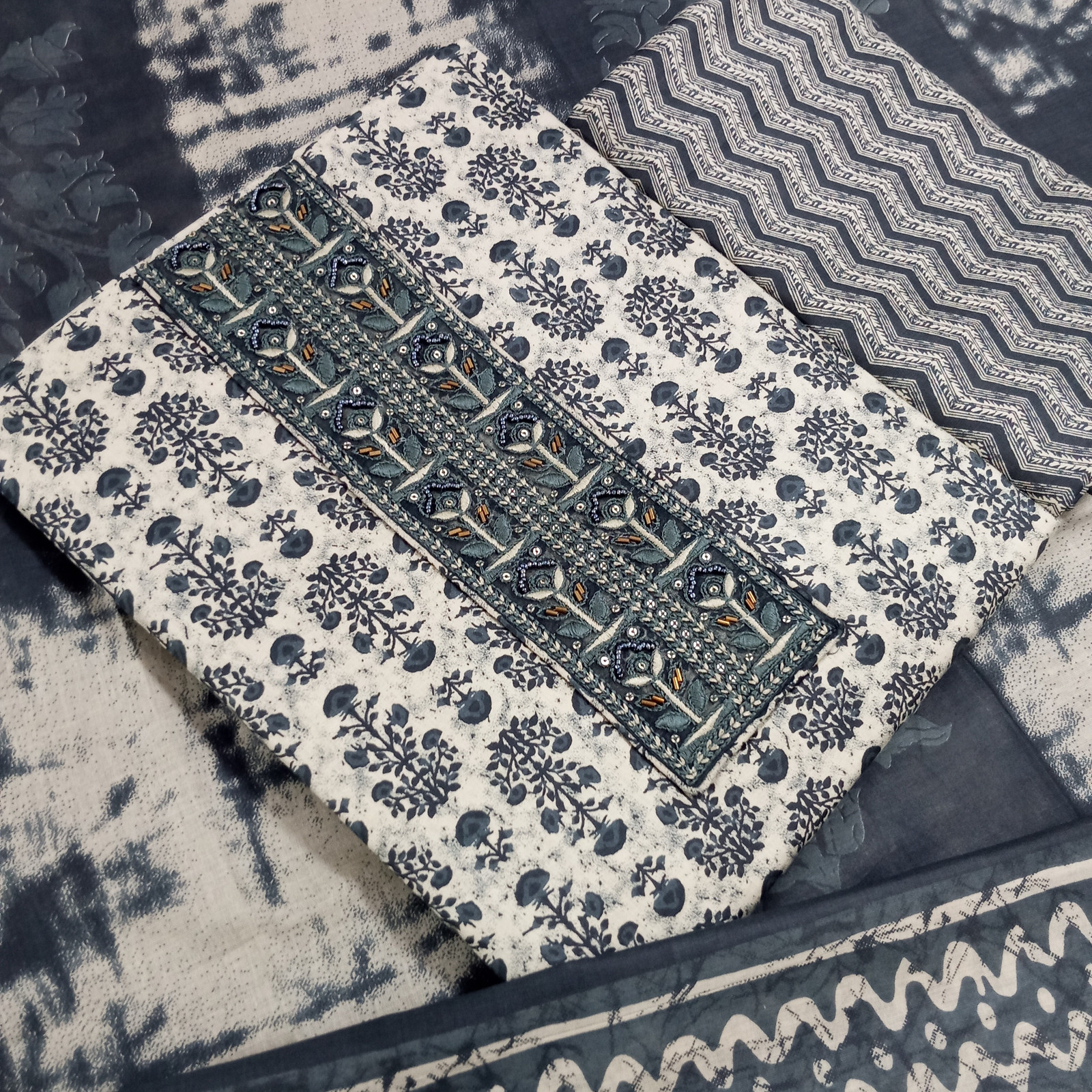 Shimti Pure Cotton Embroidered, Printed Salwar Suit Material – Dark Grey Blue