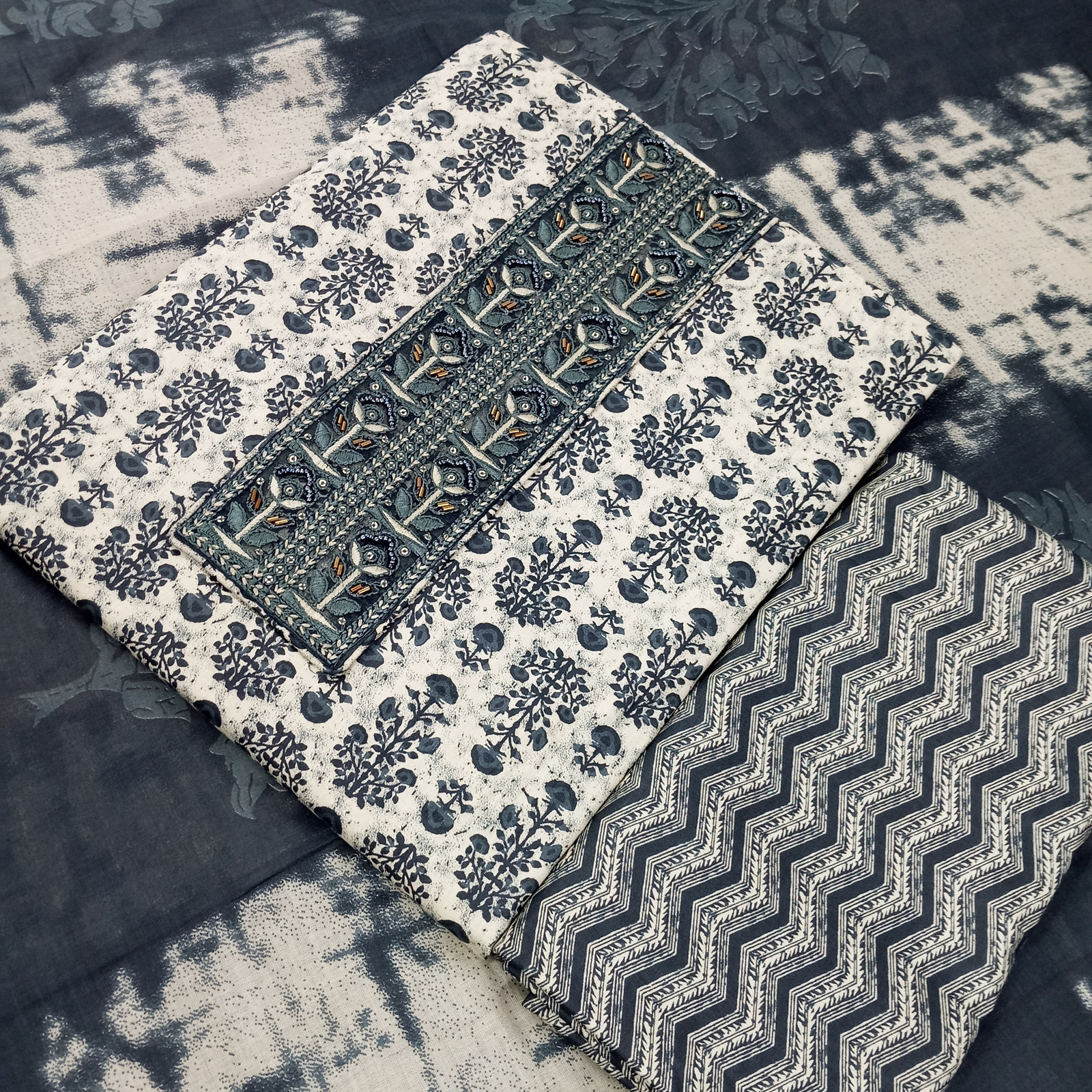 Shimti Pure Cotton Embroidered, Printed Salwar Suit Material – Dark Grey Blue – view 3