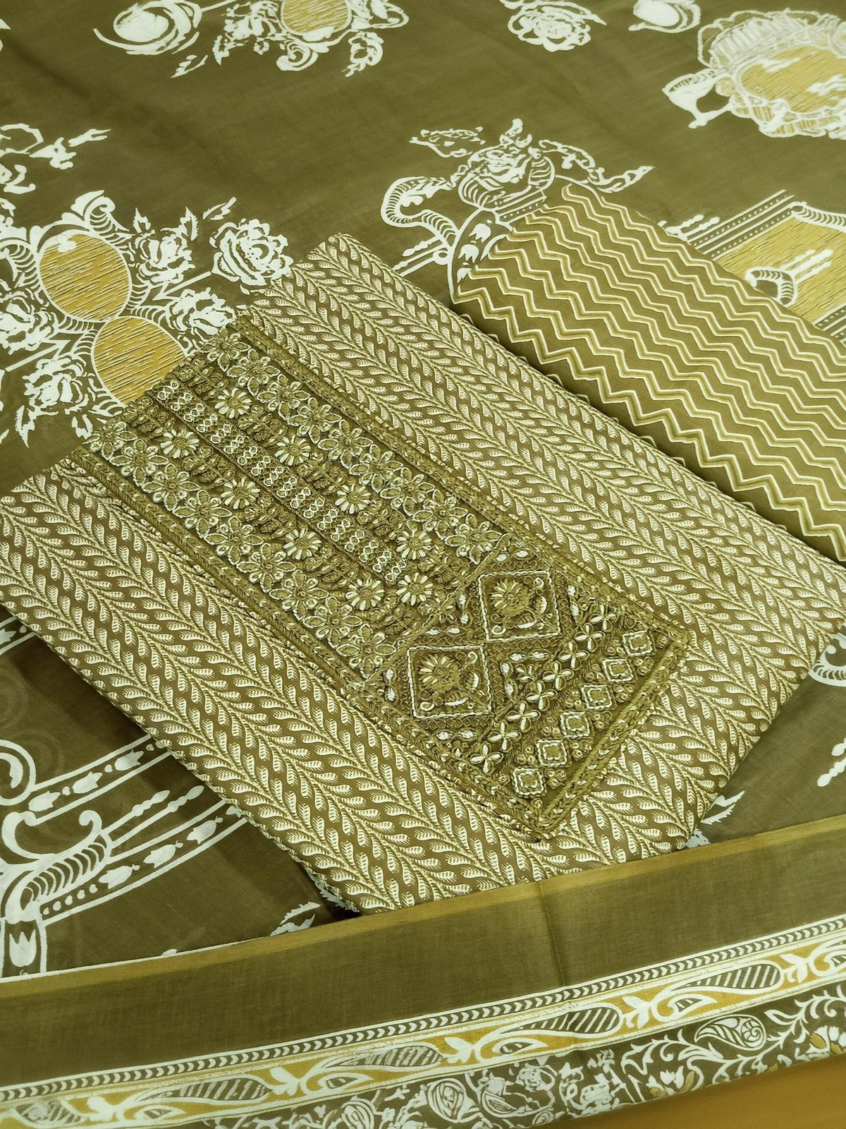 Shimti Pure Cotton Embroidered, Printed Salwar Suit Material () – Mehandi