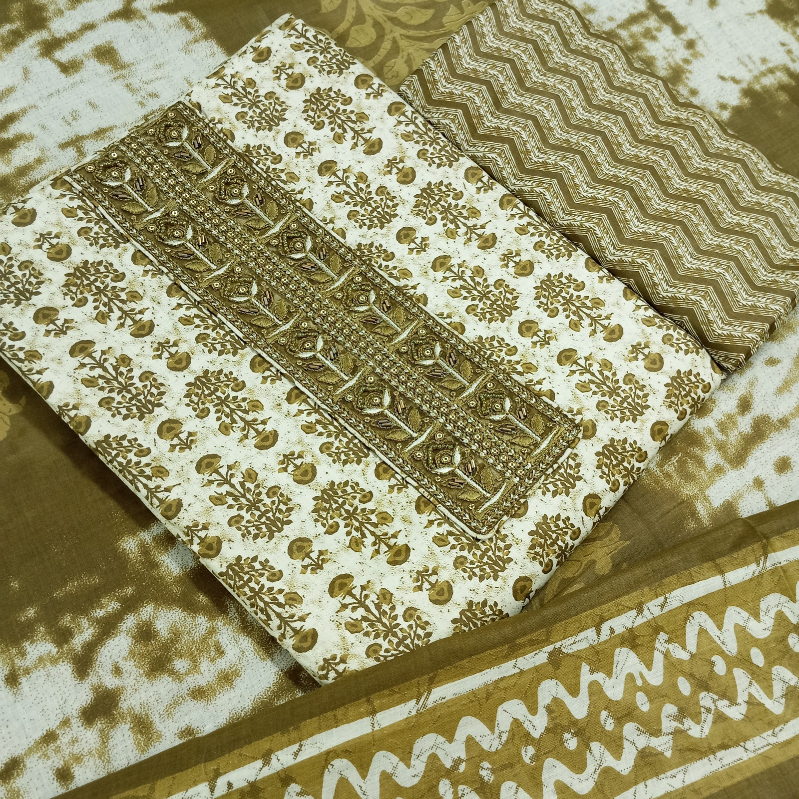 Shimti Pure Cotton Embroidered, Printed Salwar Suit Material – Mehandi