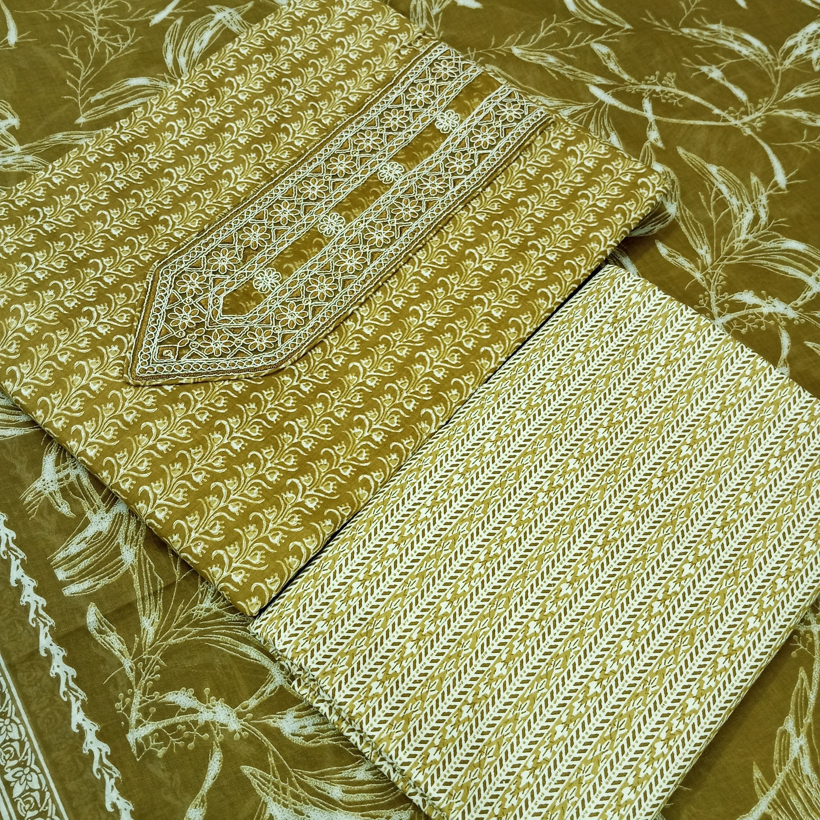 Shimti Pure Cotton Embroidered, Printed Salwar Suit Material – Mehandi-S – view 2