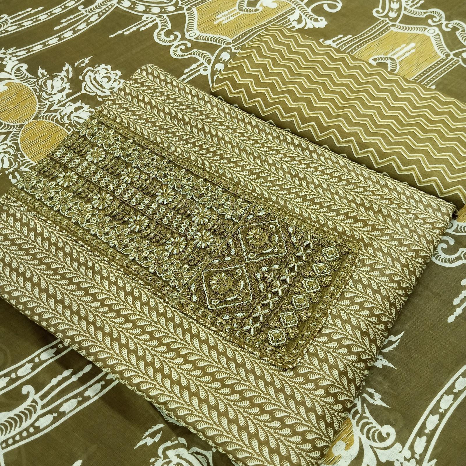 Shimti Pure Cotton Embroidered, Printed Salwar Suit Material () – Mehandi – view 2