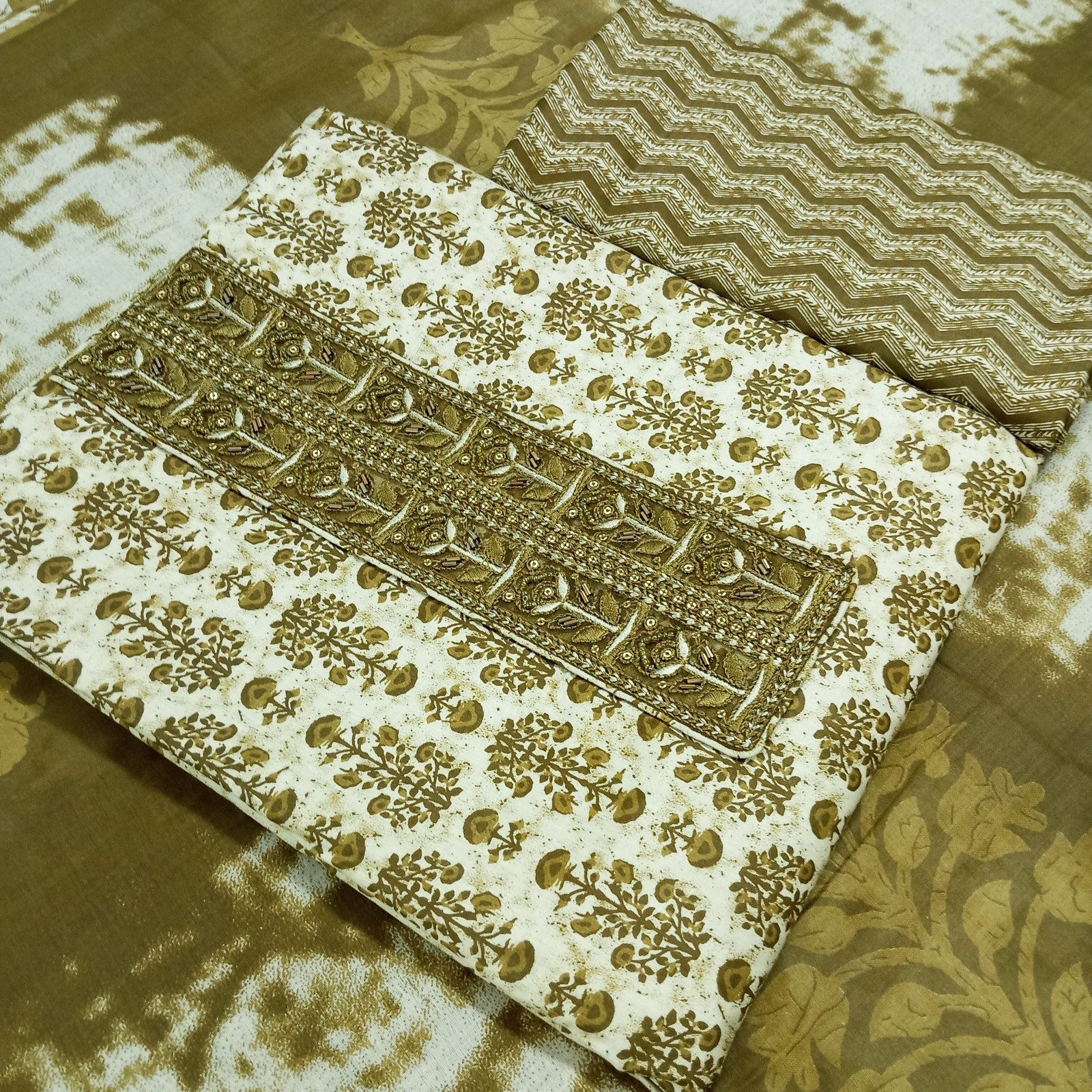 Shimti Pure Cotton Embroidered, Printed Salwar Suit Material – Mehandi – view 2